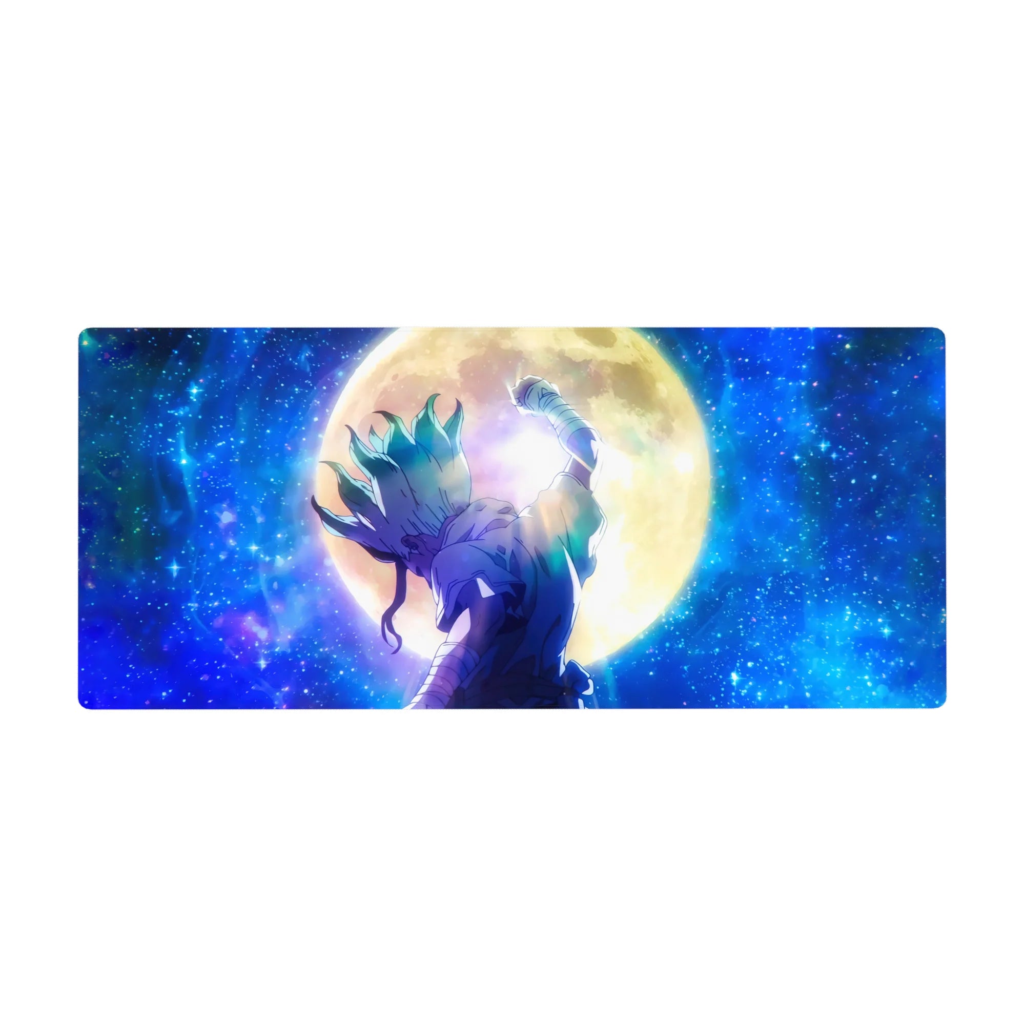 36x16 inches anime desk pad with warrior under giant golden moon, starry galaxy art for gaming setup.
