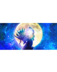 36x16 inches anime desk pad with warrior under giant golden moon, starry galaxy art for gaming setup.