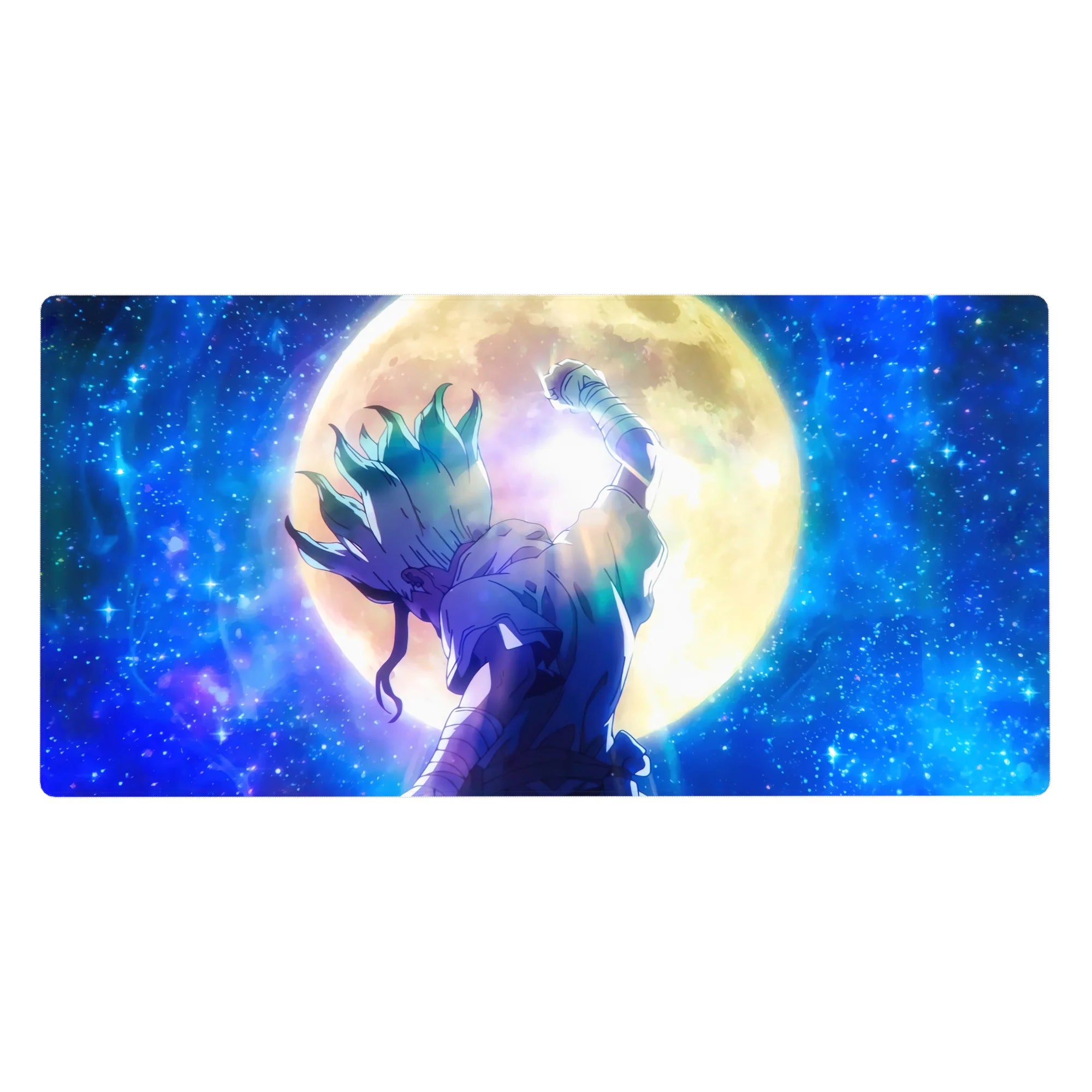 40x20 inches anime desk pad with lone warrior under a golden moon and starry galaxy background.