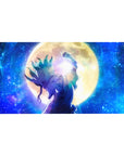 40x20 inches anime desk pad with lone warrior under a golden moon and starry galaxy background.