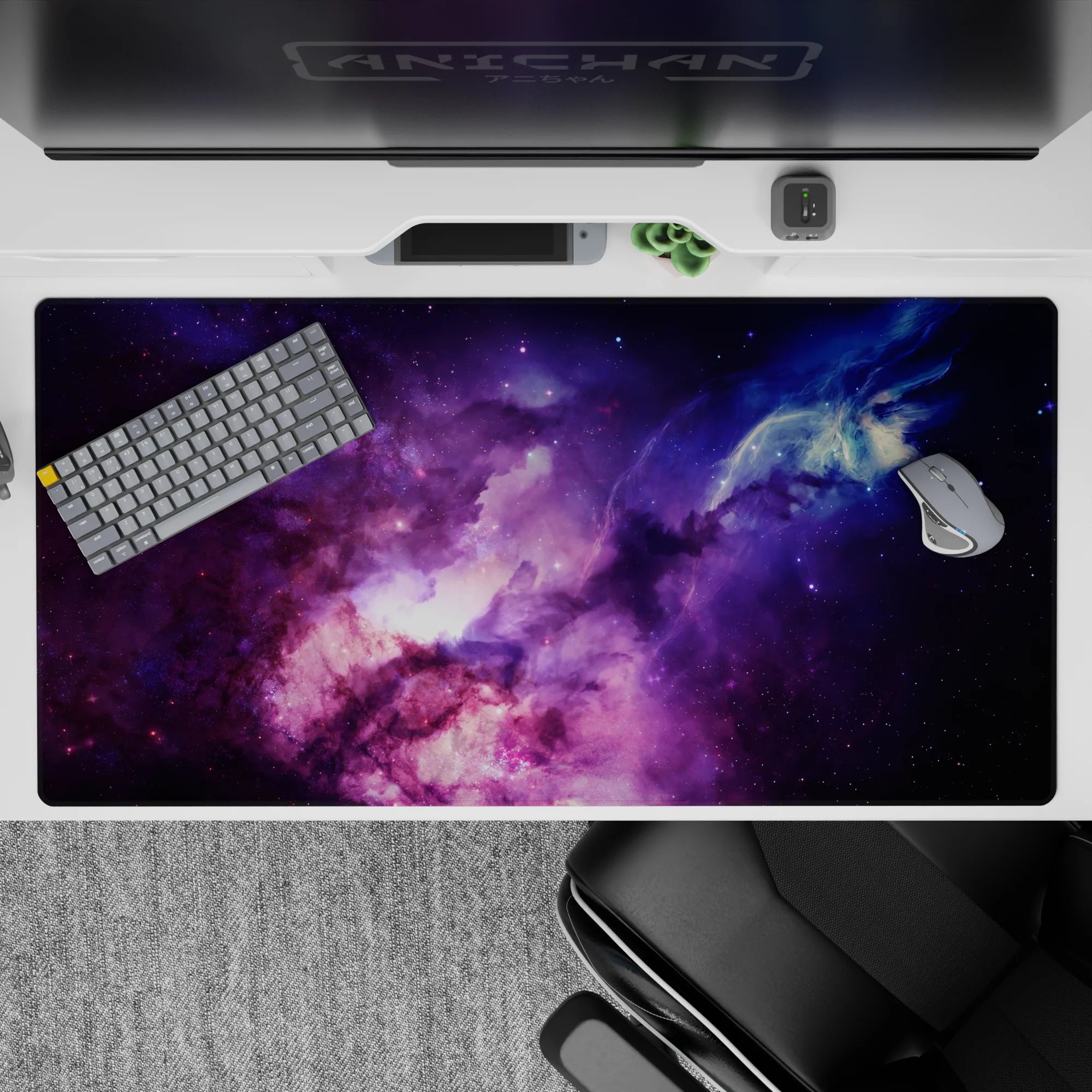 Moody violet and electric blue desk pad 40x20 inches, calming midnight vibe with tiny stars.
