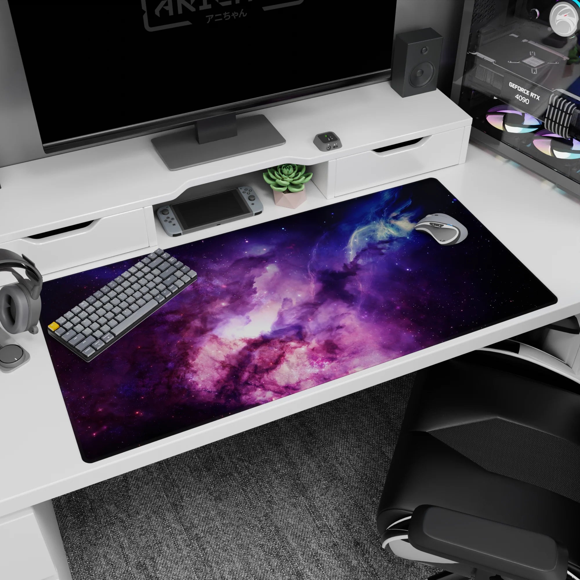 Star-speckled space window scene desk pad 40x20 inches with violet clouds and blue mist.