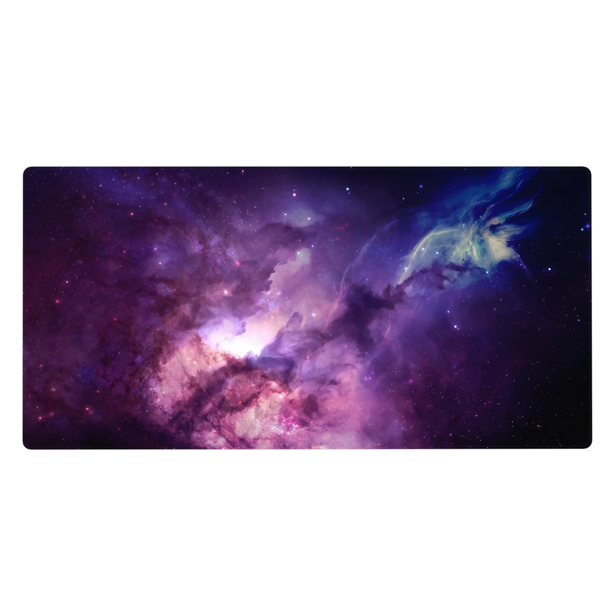 Galaxy nebula desk pad 40x20 inches with starry space gradient and watercolor cloud swirls.