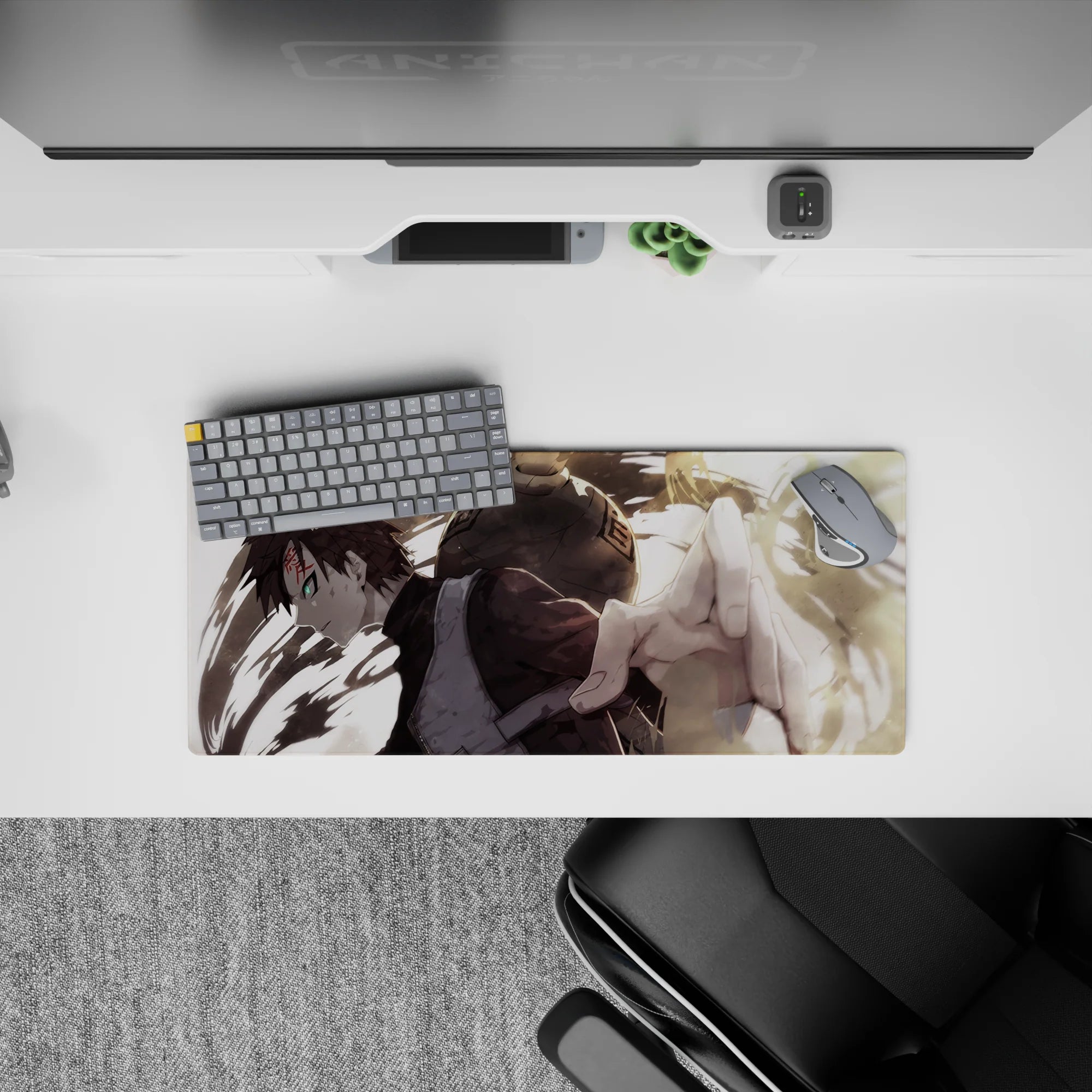 28x12 inches mouse pad in tan sand tones with deep shadows and an intense green eye, cool subtle vibe.