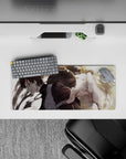 28x12 inches mouse pad in tan sand tones with deep shadows and an intense green eye, cool subtle vibe.