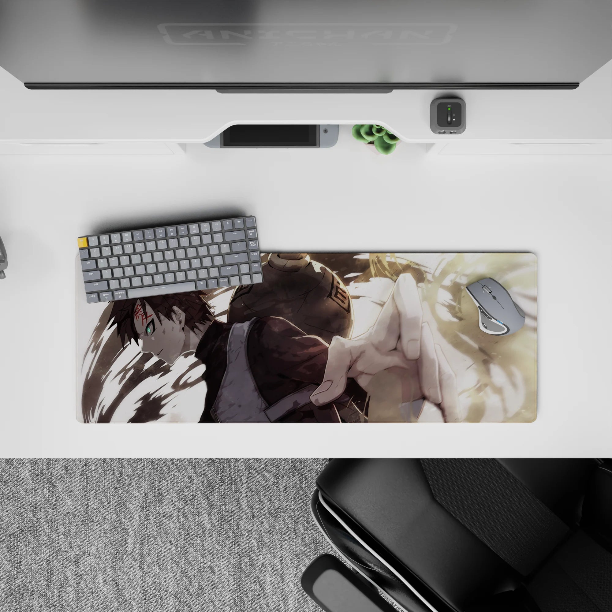 32x12 inches anime mouse pad in soft tan sand tones, deep shadows, and a sharp green eye, intense mood.