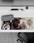 32x12 inches anime mouse pad in soft tan sand tones, deep shadows, and a sharp green eye, intense mood.