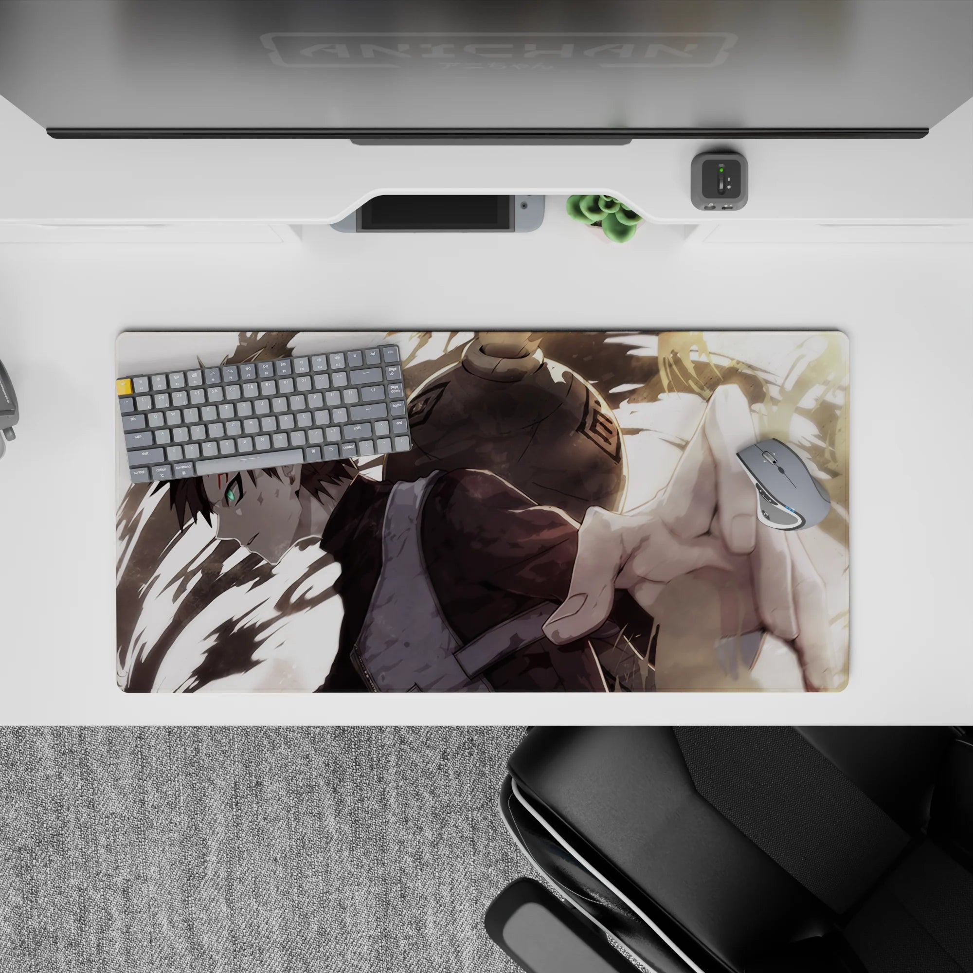 32x16 inches anime desk mat in tan sand tones with deep shadows and a sharp green eye, intense vibe.