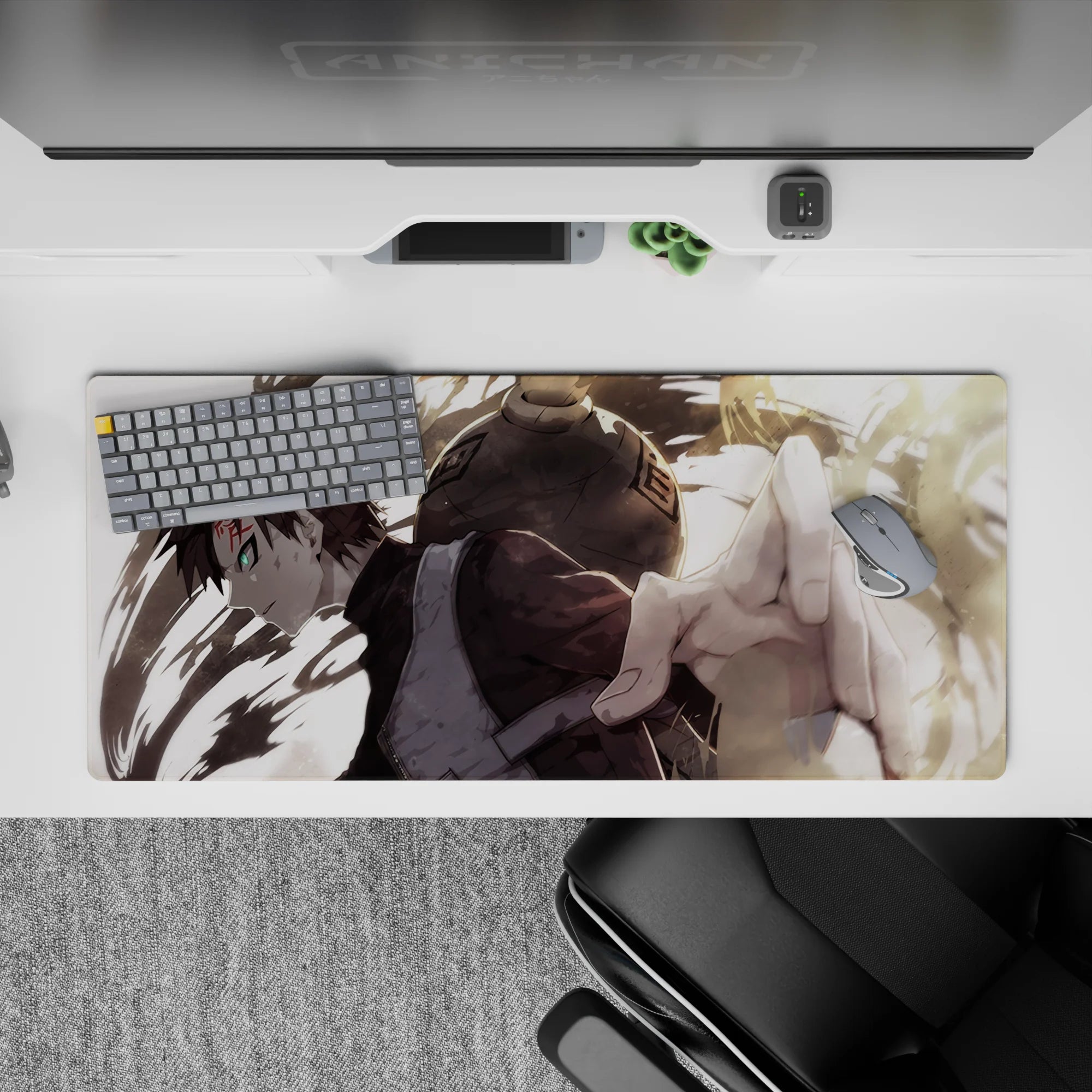 36x16 inches anime desk pad in tan sand tones with deep shadows and sharp green eye, intense vibe.