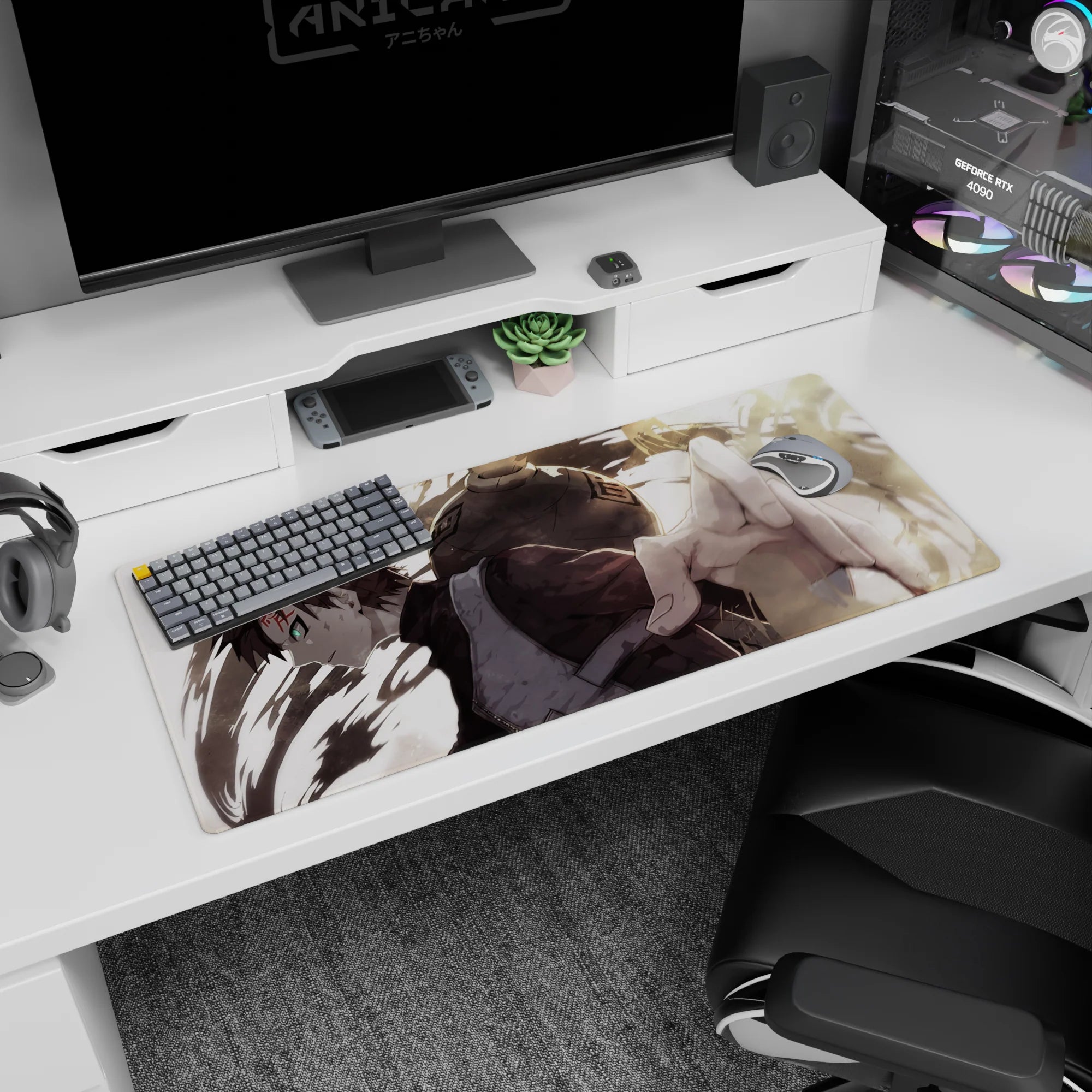 Gaara from Naruto reaching out amid desert sand and gourd, anime desk pad 36x16 inches.
