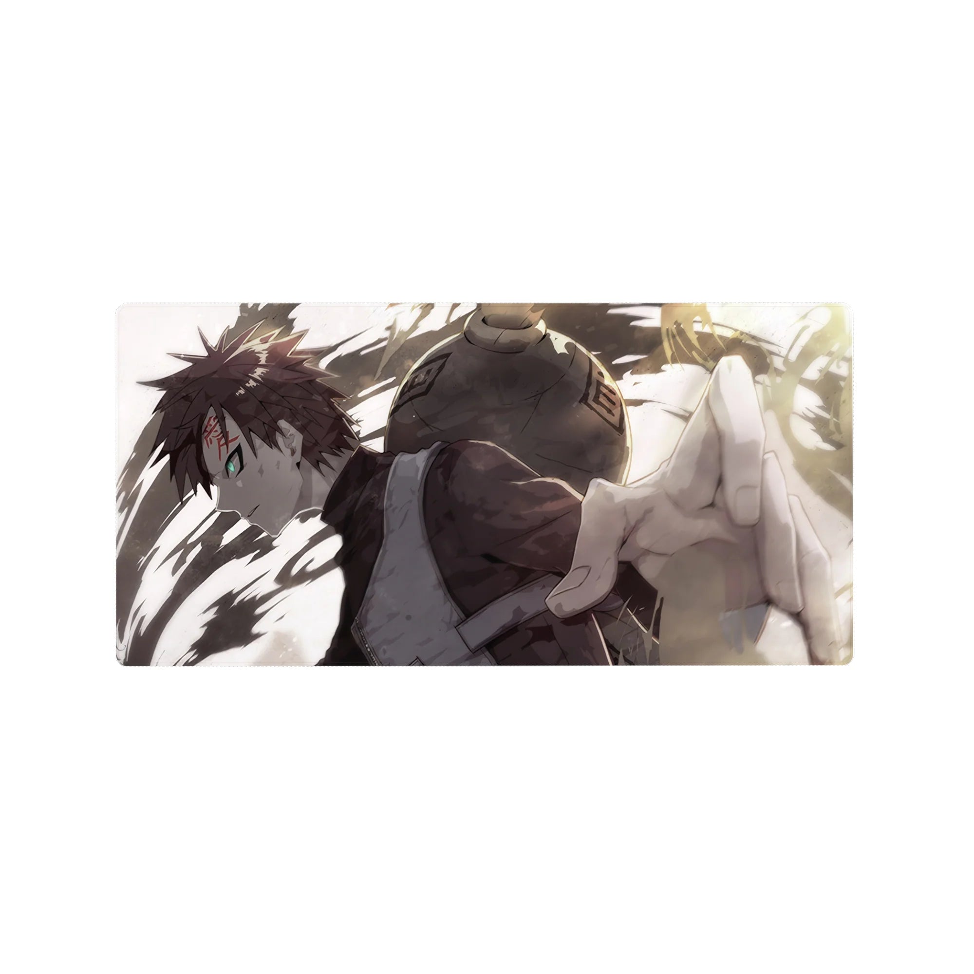 32x16 inches anime mouse pad with Gaara, swirling sand gourd art, smooth glide desk mat design.