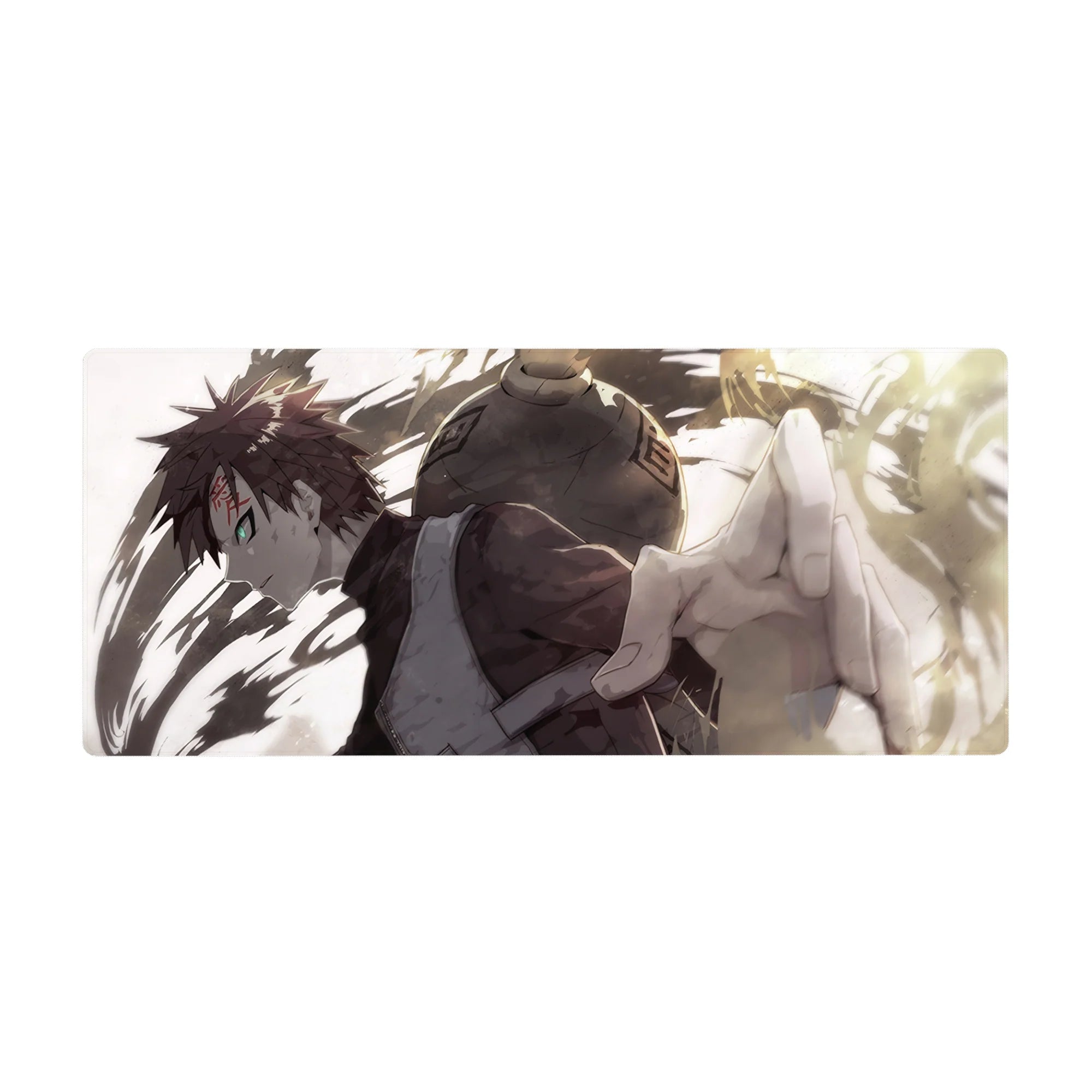 Anime desk pad 36x16 inches with dynamic sand swirl art, gritty brush texture, smooth gaming glide.