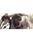 Anime desk pad 36x16 inches with dynamic sand swirl art, gritty brush texture, smooth gaming glide.