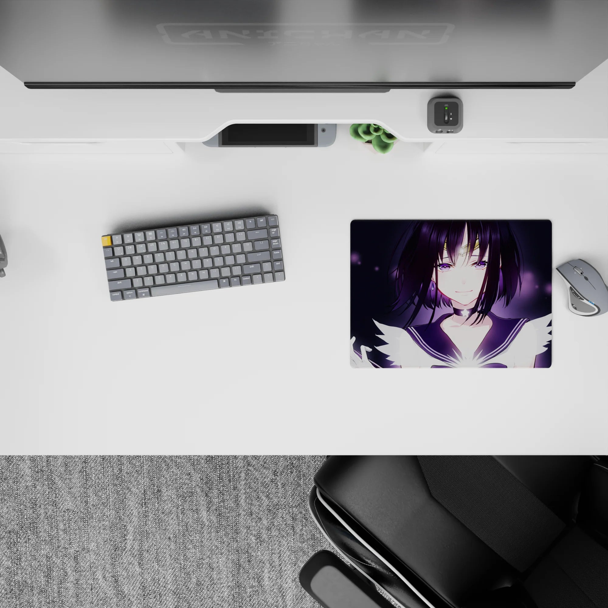Magical midnight anime mouse pad 14x10 inches in soft violet glow, plum sailor collar, starry specks.