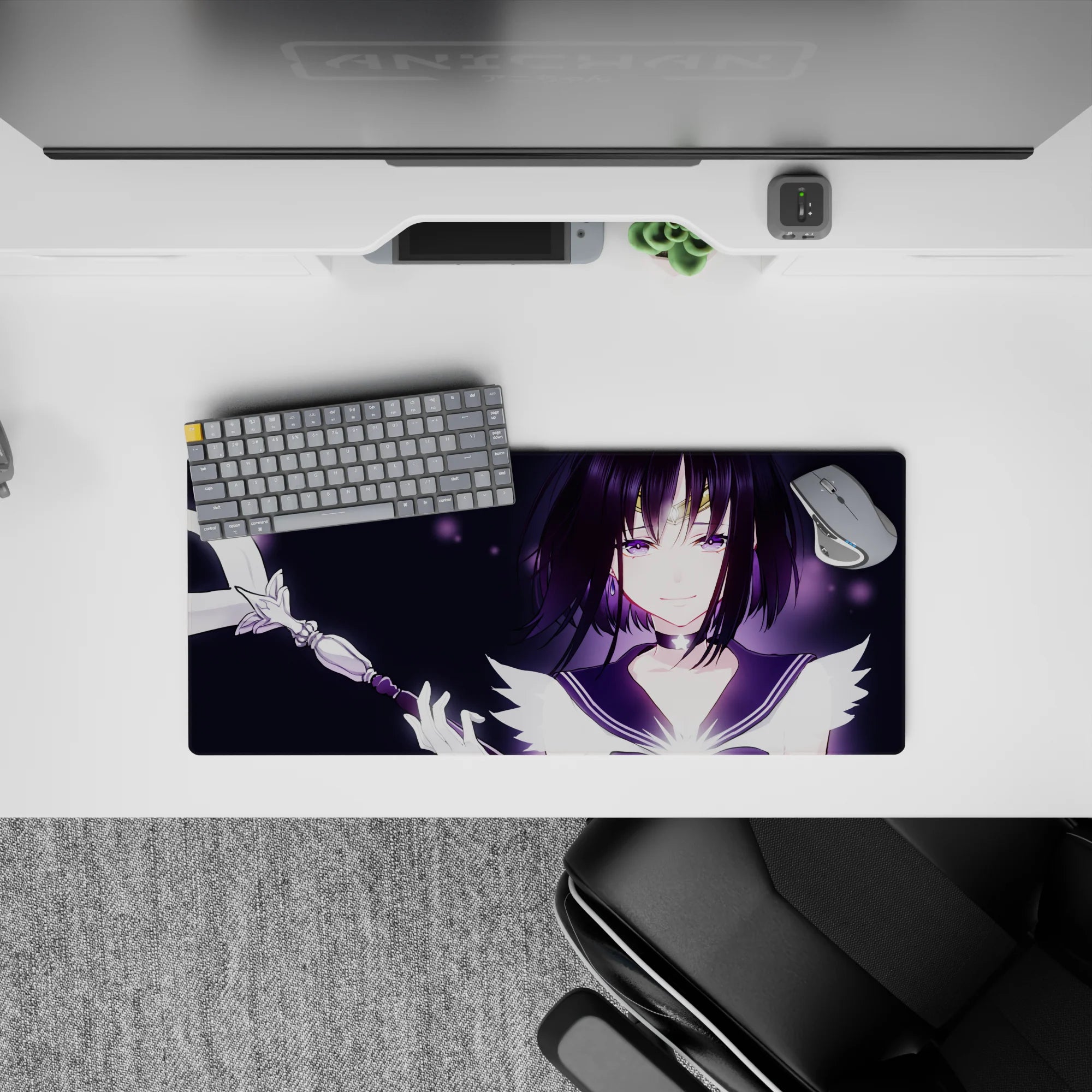 28x12 inches desk mouse pad with soft violet glow on midnight backdrop, starry specks, magical vibe.