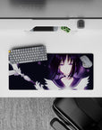 28x12 inches desk mouse pad with soft violet glow on midnight backdrop, starry specks, magical vibe.
