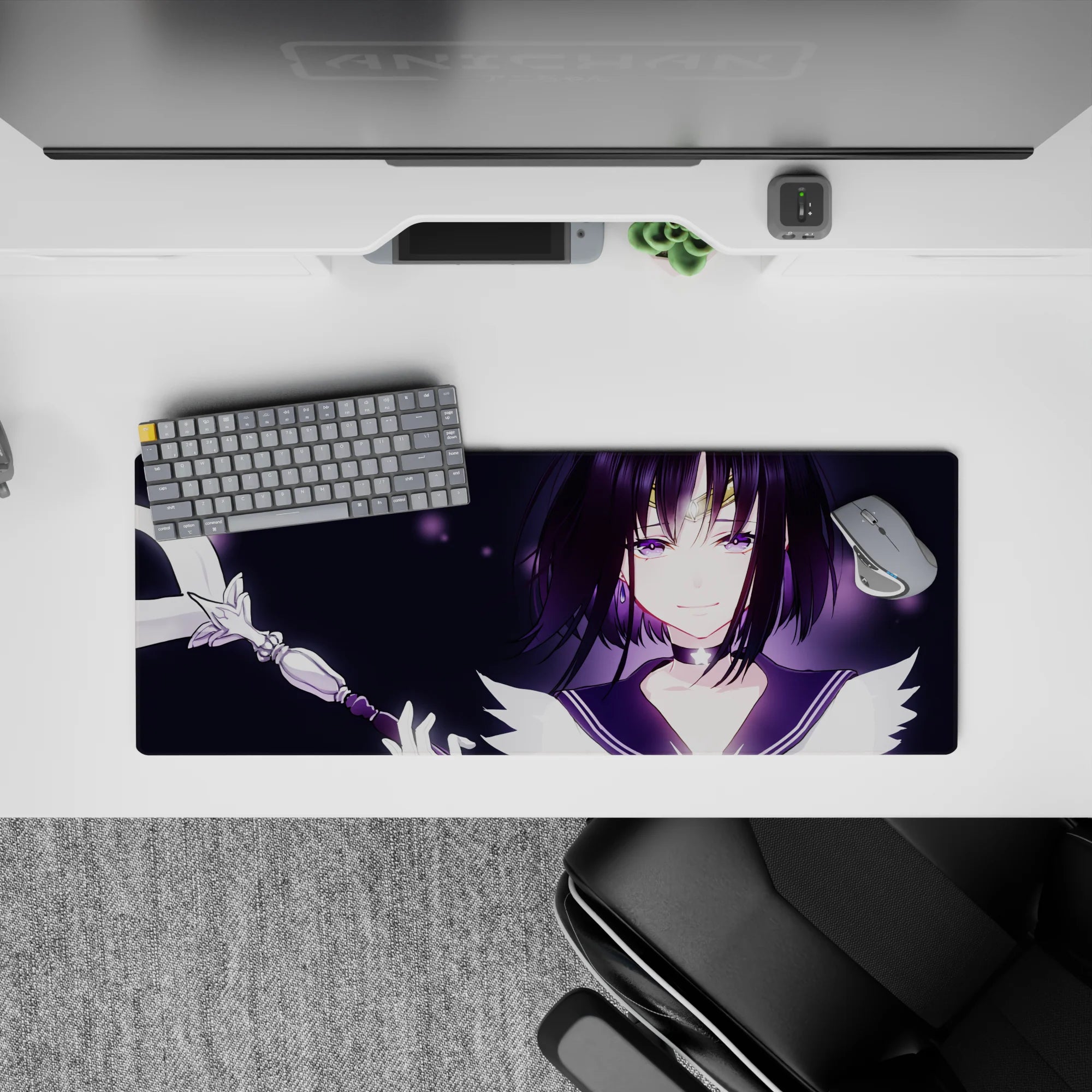Anime girl mouse pad 32x12 inches in soft violet glow on midnight black, sparkly stars and magical vibe.