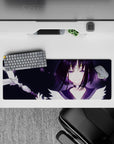 Anime girl mouse pad 32x12 inches in soft violet glow on midnight black, sparkly stars and magical vibe.