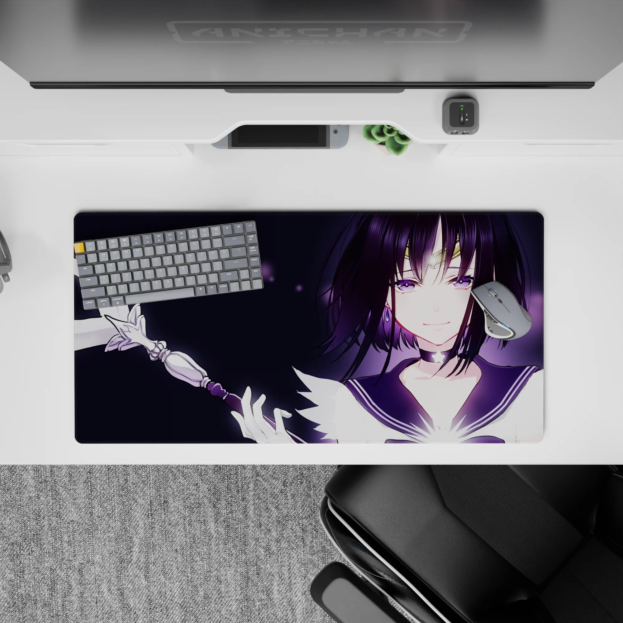 32x16 inches mouse pad with soft violet glow on a midnight background, twinkling specks, and a playful vibe.