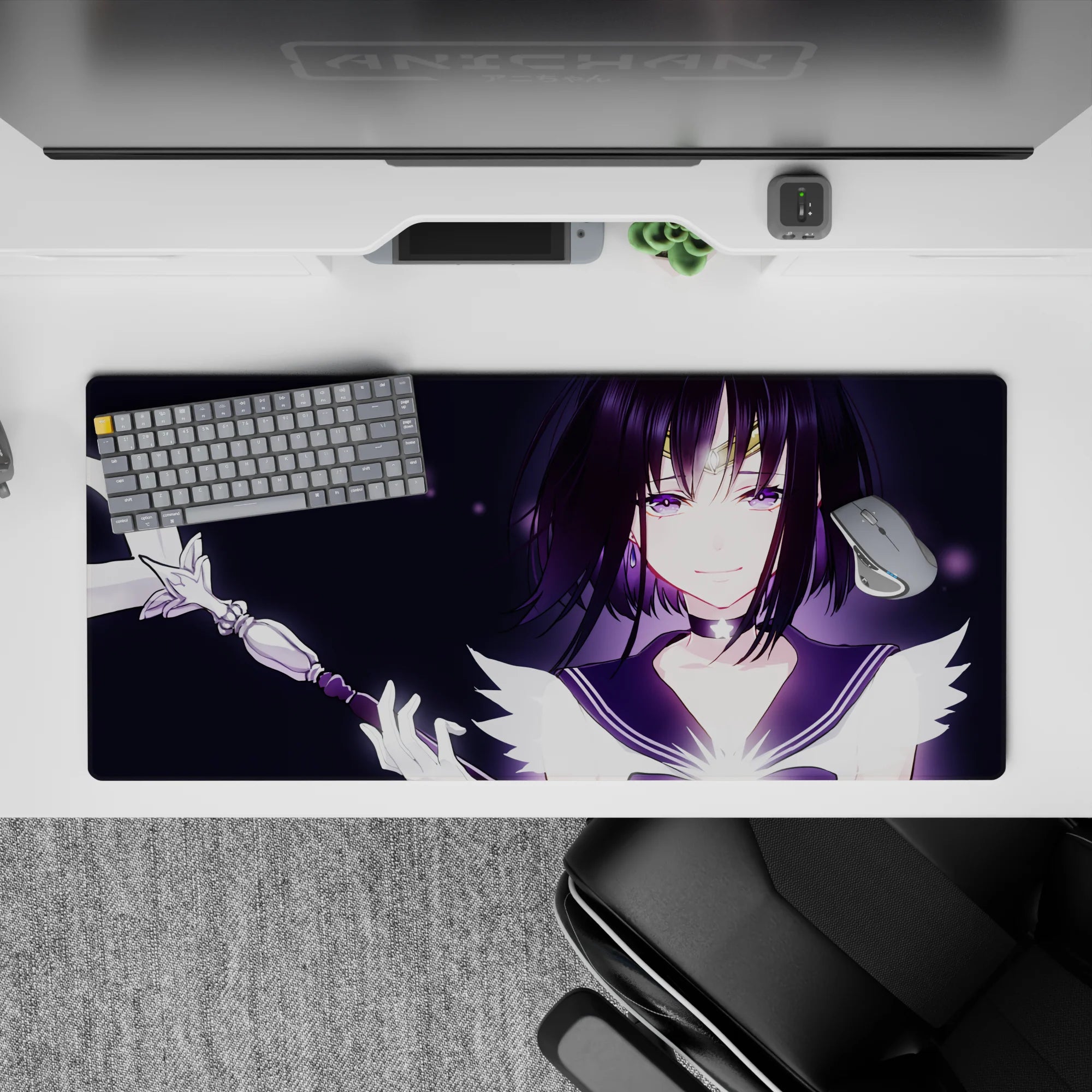 36x16 inches desk pad in soft violet glow with midnight background, sparkly light specks, magical vibe.