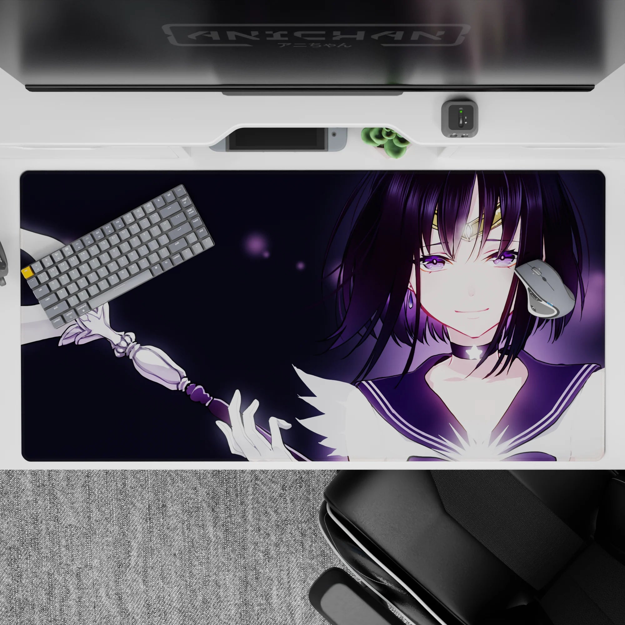 40x20 inches anime desk pad in midnight violet tones, soft glow, plum sailor outfit, magical star specks.