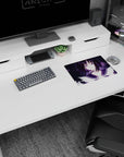Smirking anime girl with ribboned wand and golden tiara on mouse pad 14x10 inches, purple eyes.