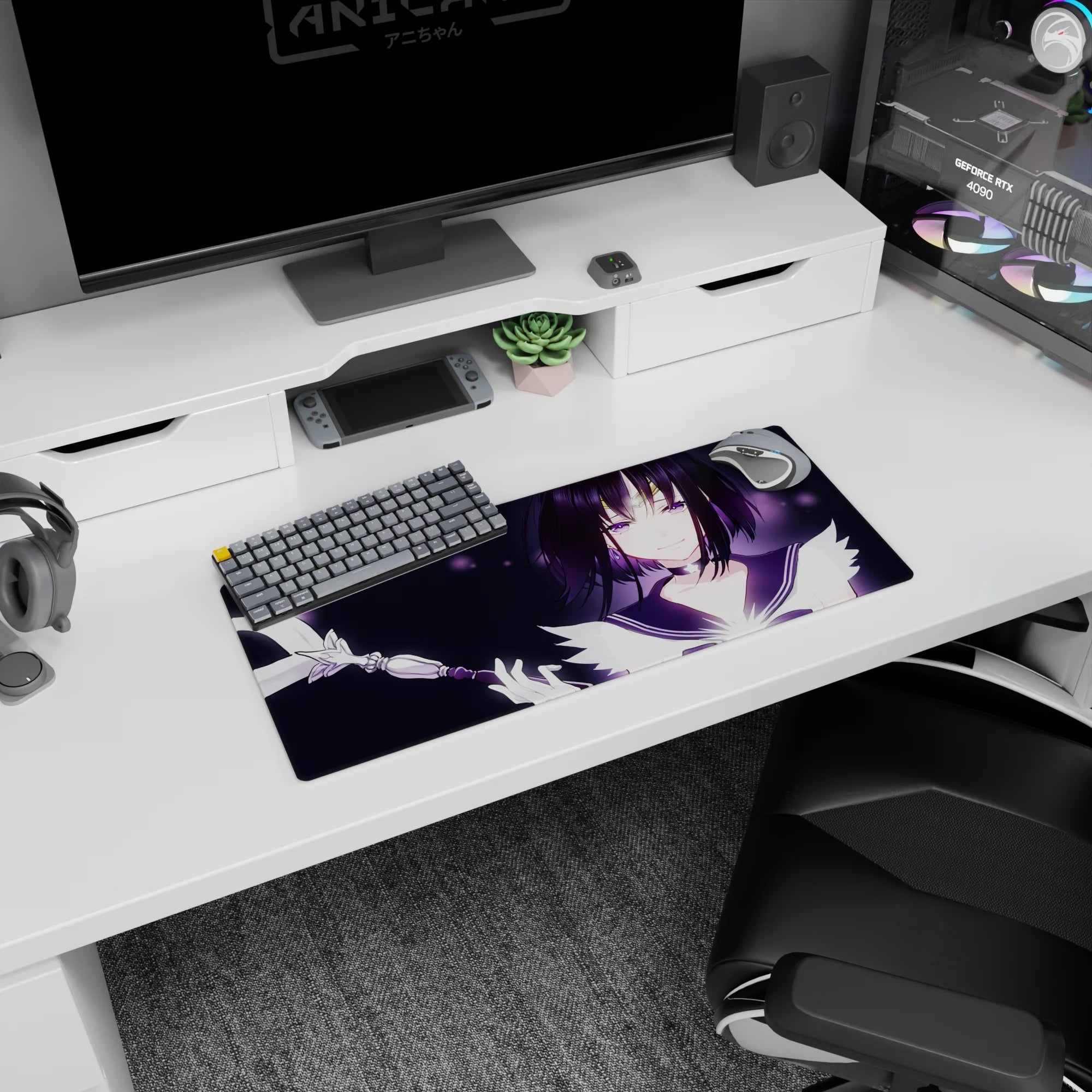 28x12 inches anime mouse pad showing a teasing girl lifting a ribboned wand, purple eyes, dark bob.