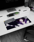 28x12 inches anime mouse pad showing a teasing girl lifting a ribboned wand, purple eyes, dark bob.