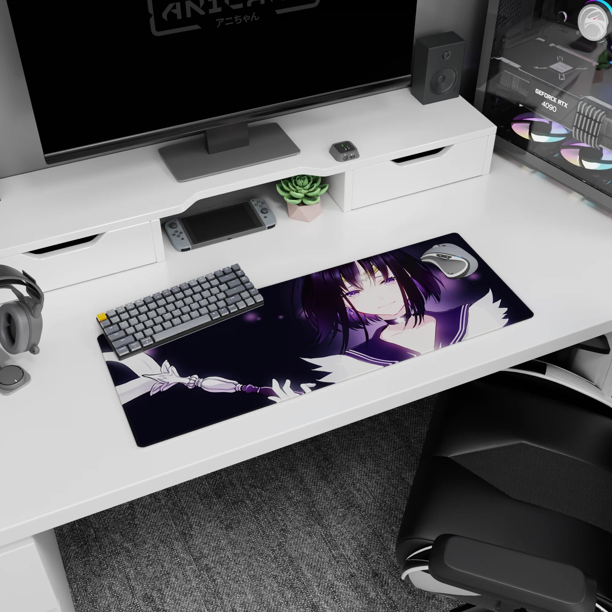 Anime girl mouse pad 32x12 inches showing a teasing smile, ribboned wand raised, tiny light specks drifting.