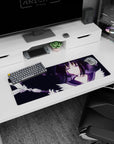 Anime girl mouse pad 32x12 inches showing a teasing smile, ribboned wand raised, tiny light specks drifting.