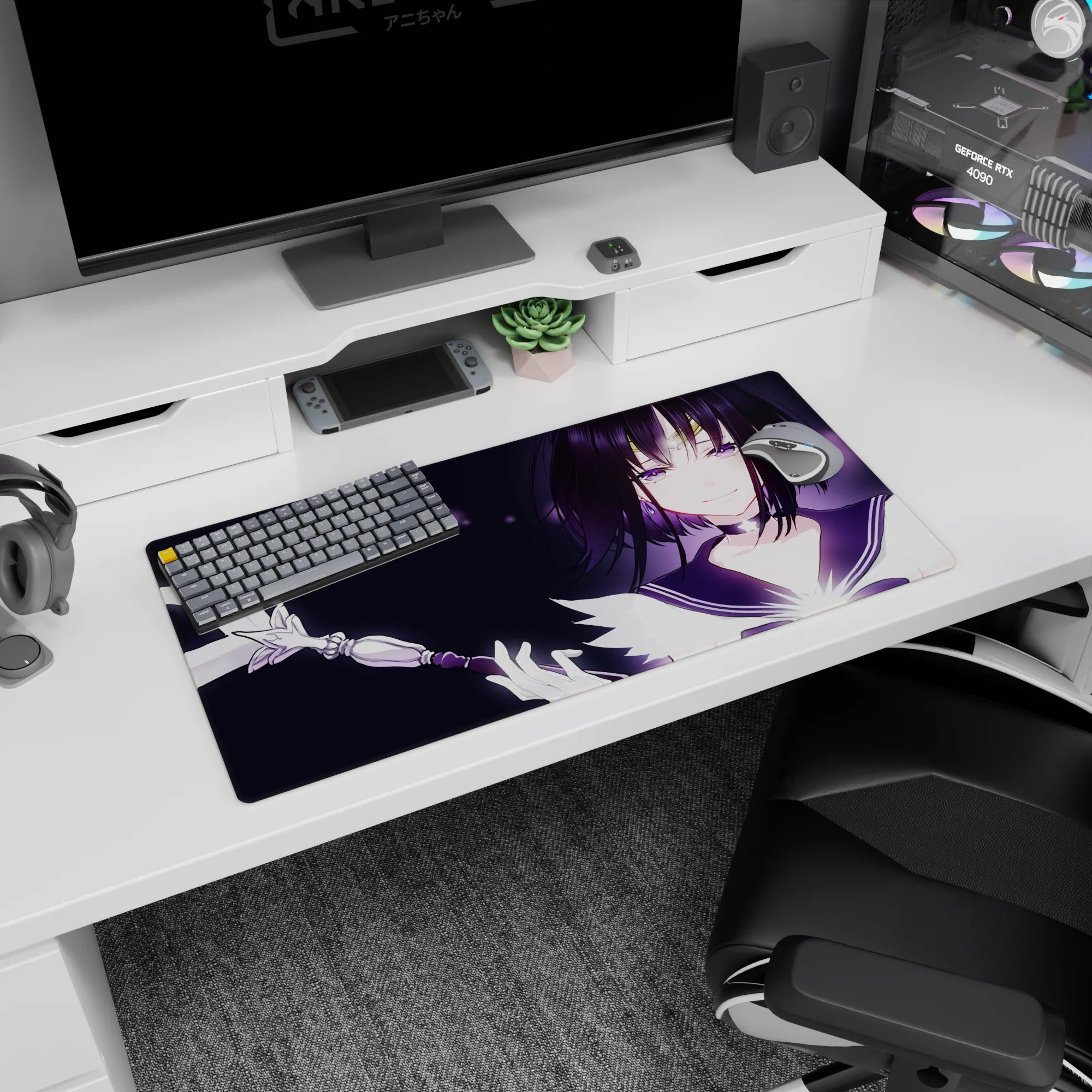 32x16 inches desk mouse pad showing a smirking anime girl raising a ribboned wand amid tiny star-like lights.