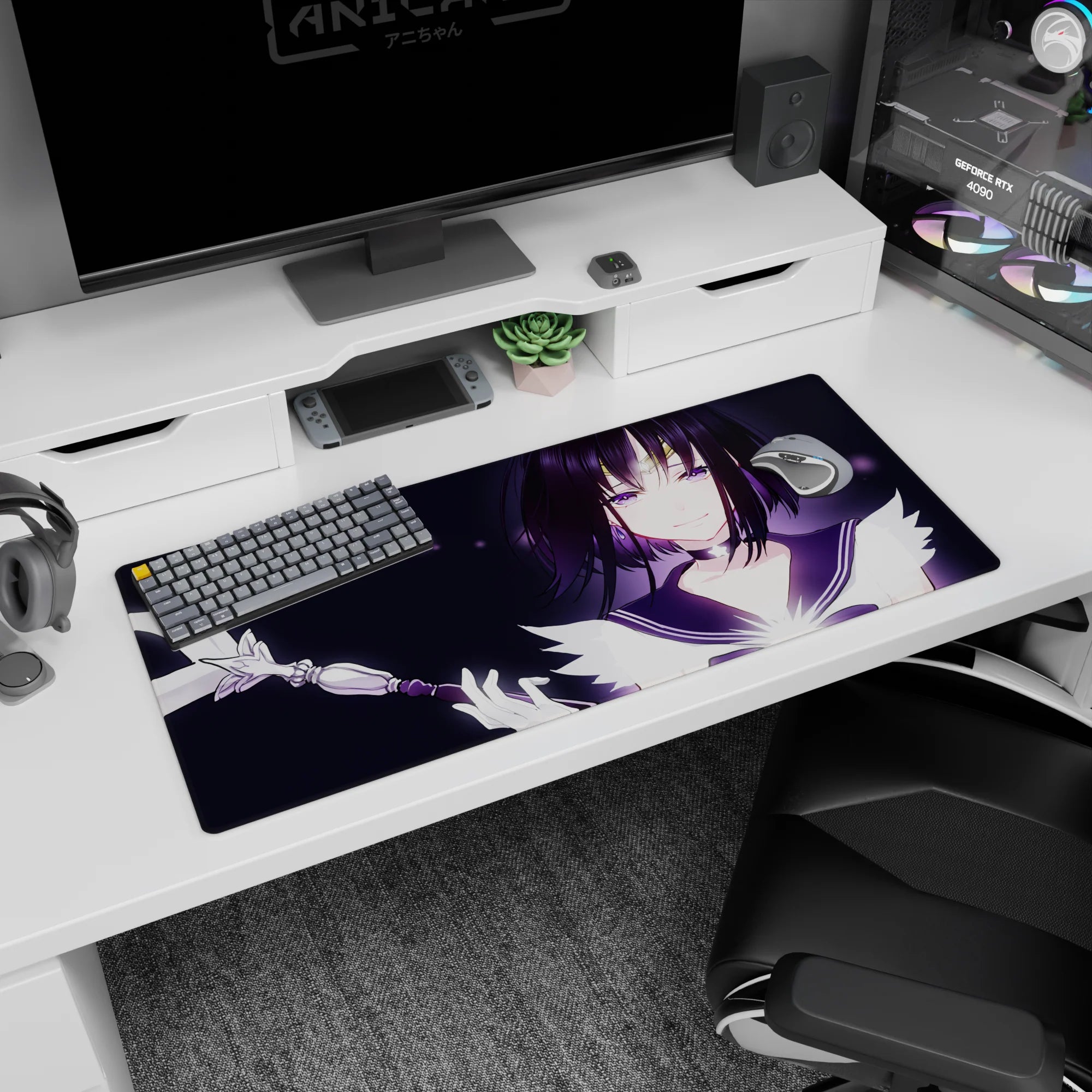 36x16 inches anime desk pad showing bob-haired girl smiling, raising a ribboned wand amid tiny stars.