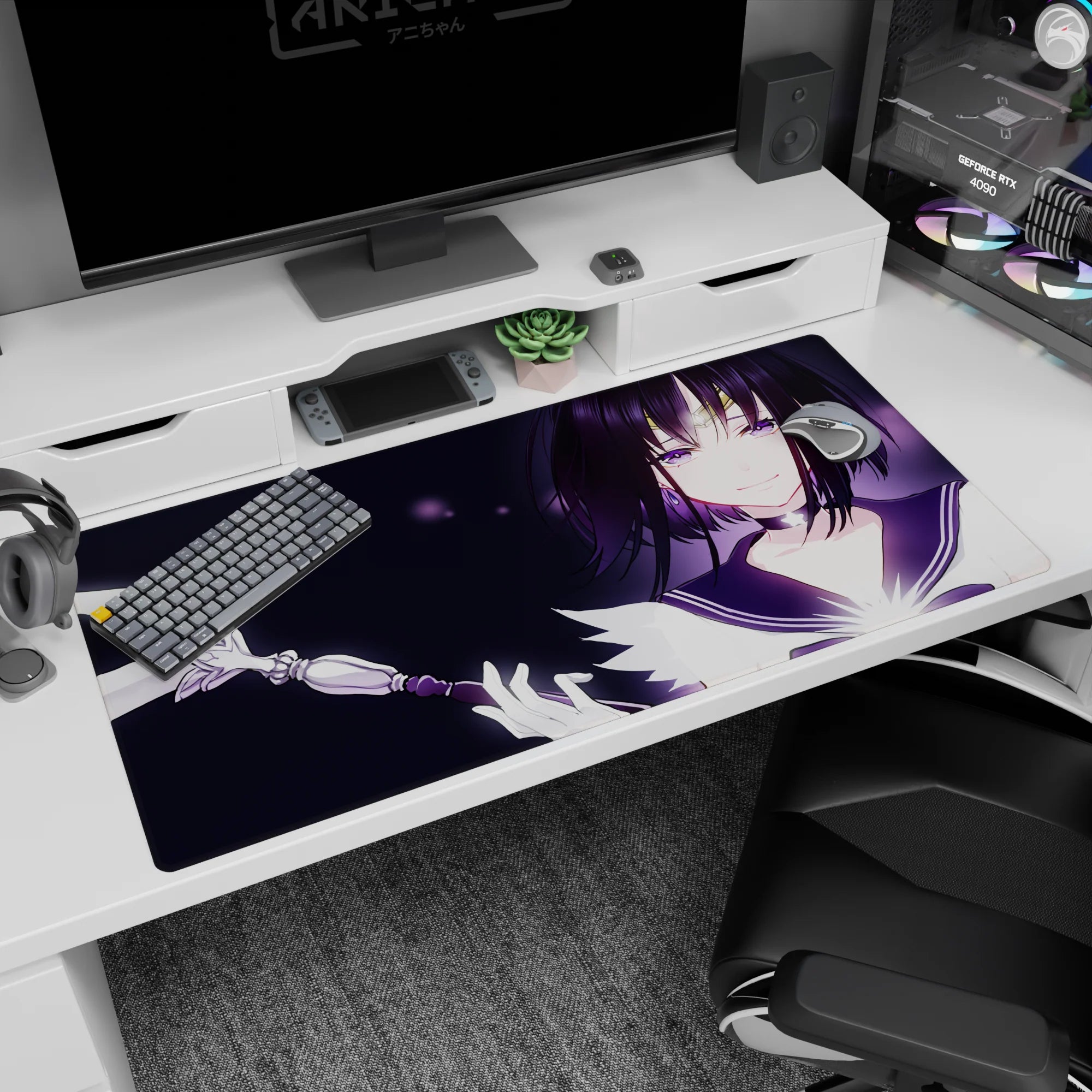 40x20 inches desk pad showing a teasing anime girl with ribbon wand, golden tiara, and shimmering purple eyes.