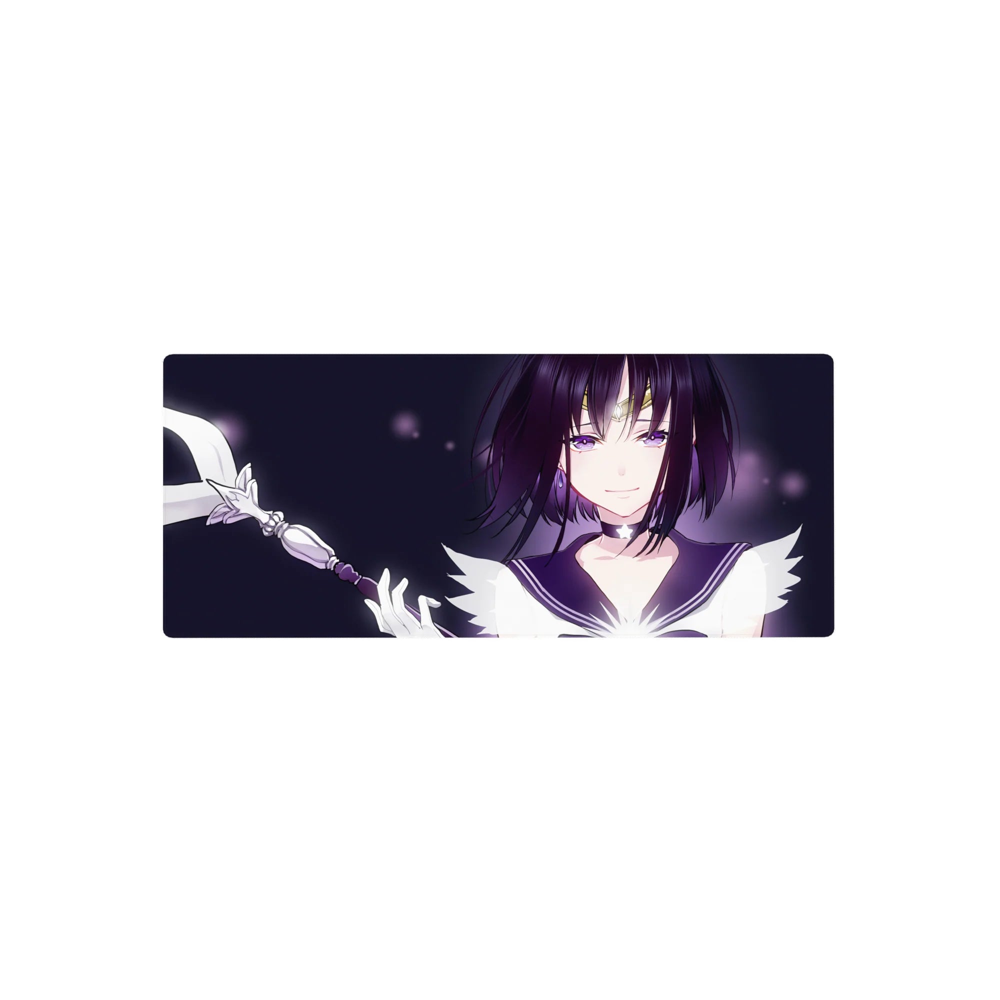 28x12 inches anime girl mouse pad with purple-eyed bob cut, tiara detail, sailor collar, and wand.