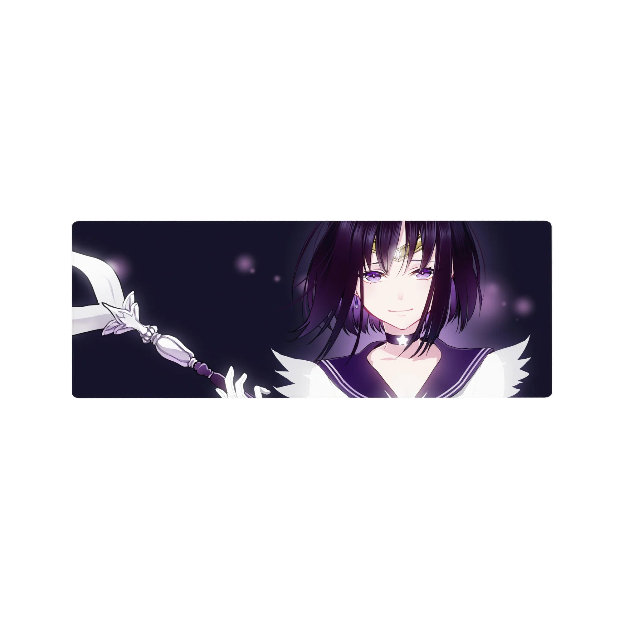 Anime girl mouse pad 32x12 inches with purple-eyed bob-cut girl, tiara, sailor collar, and wand.