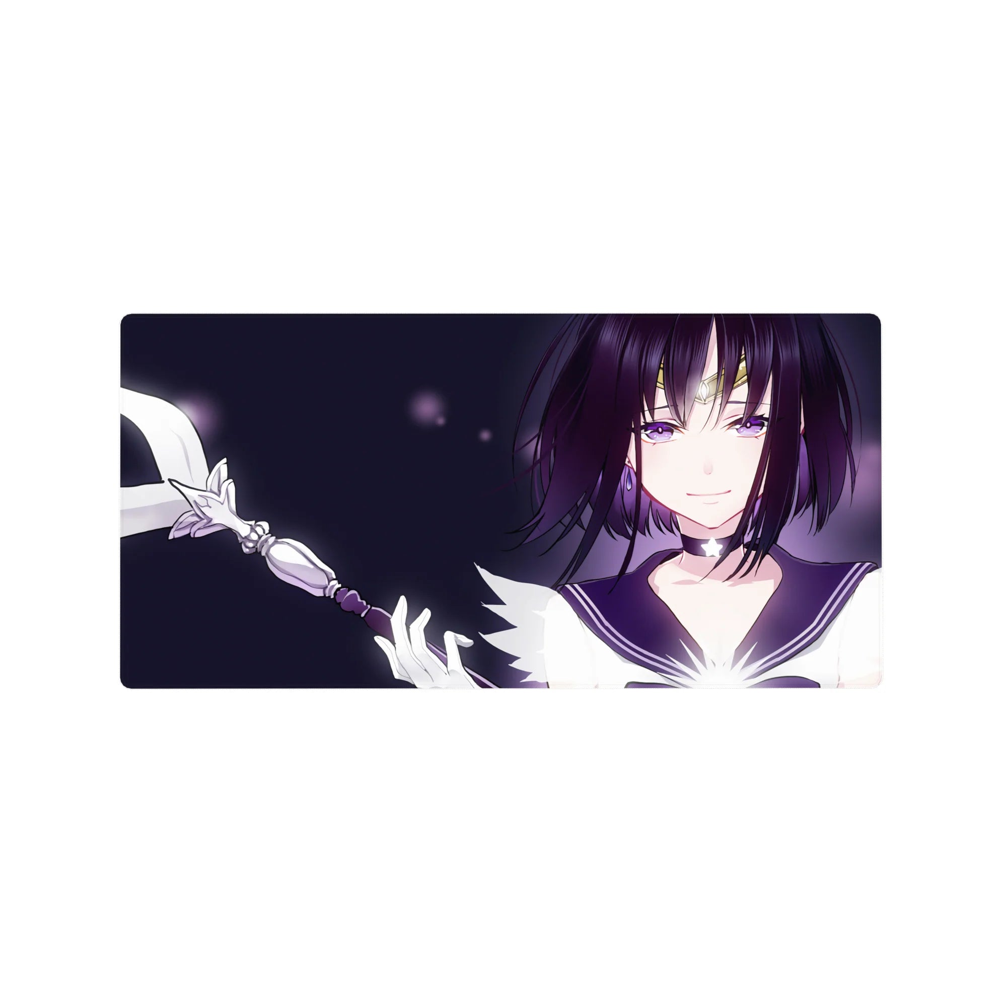 32x16 inches anime girl mouse pad with dark bob hair, purple eyes, tiara, sailor collar, and wand.