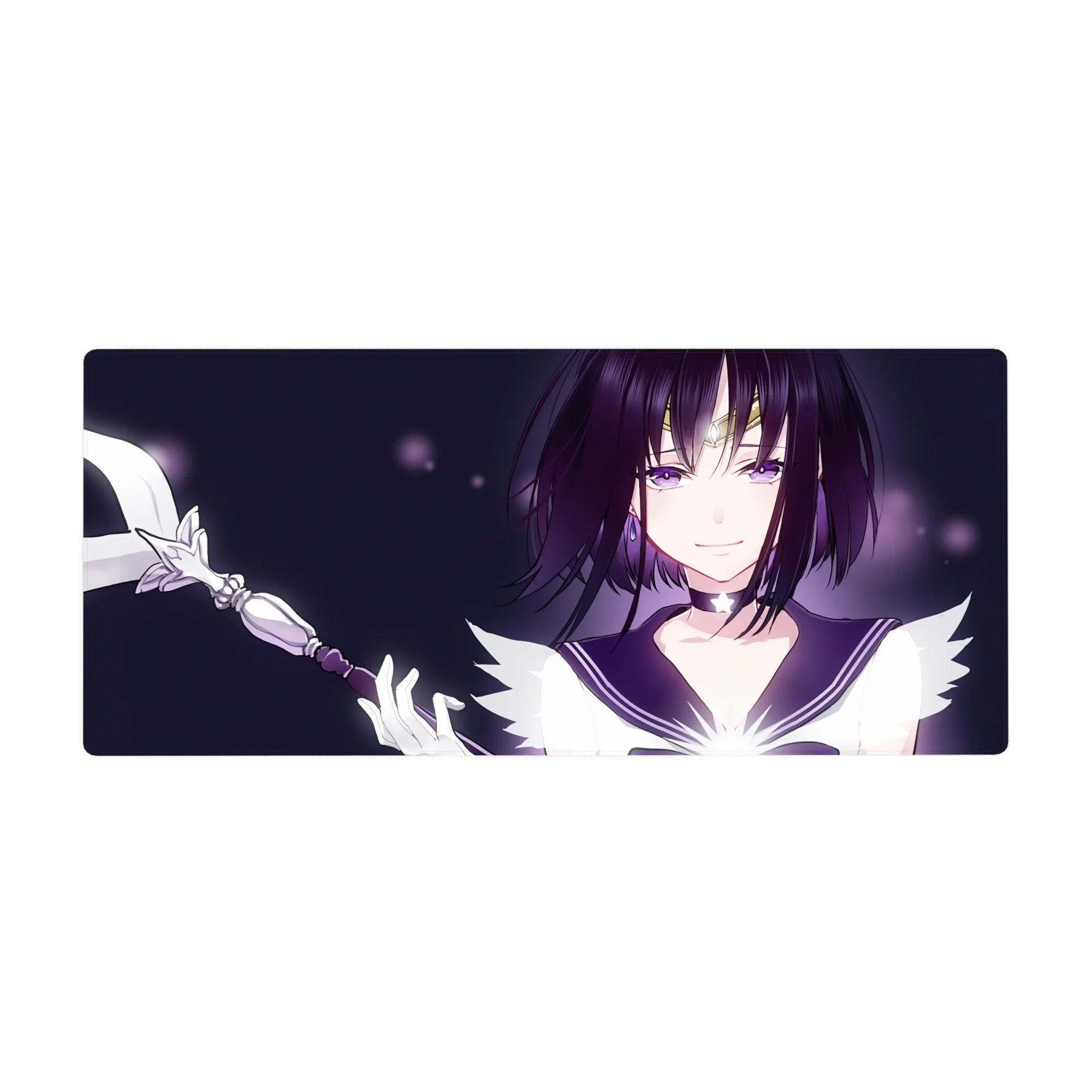 36x16 inches anime girl desk pad with purple-eyed sailor outfit, tiara, and ribbon wand on midnight.