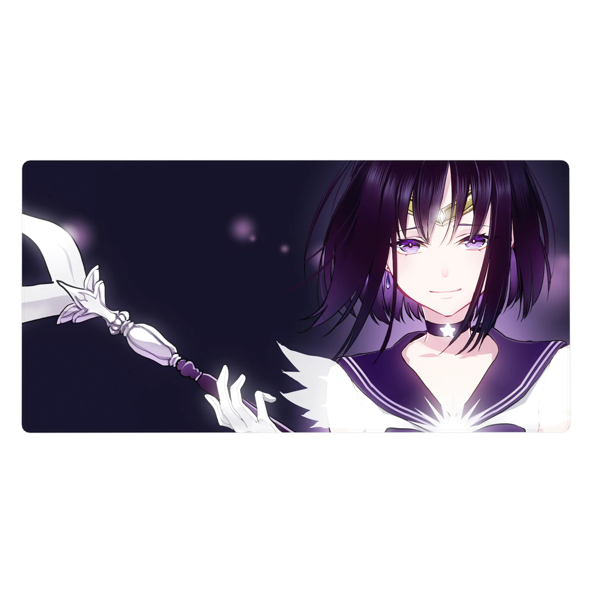 Anime girl desk pad 40x20 inches with purple-eyed bob cut, tiara detail, sailor collar, wand and sparkles.