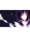 Anime girl desk pad 40x20 inches with purple-eyed bob cut, tiara detail, sailor collar, wand and sparkles.