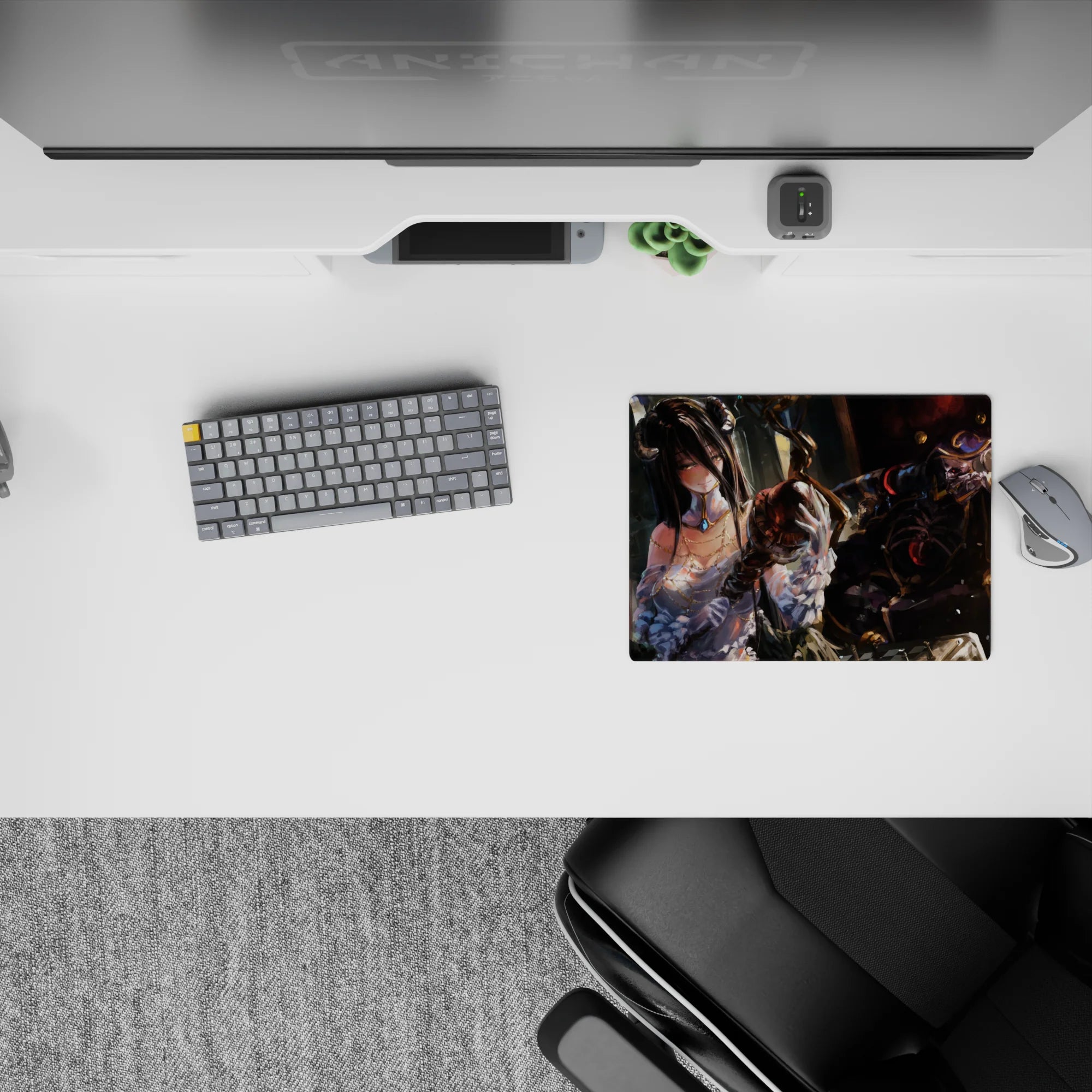 Anime mouse pad featuring Albedo and Ainz Ooal Gown from Overlord, 14x10 inches, with a painterly, regal throne room scene.