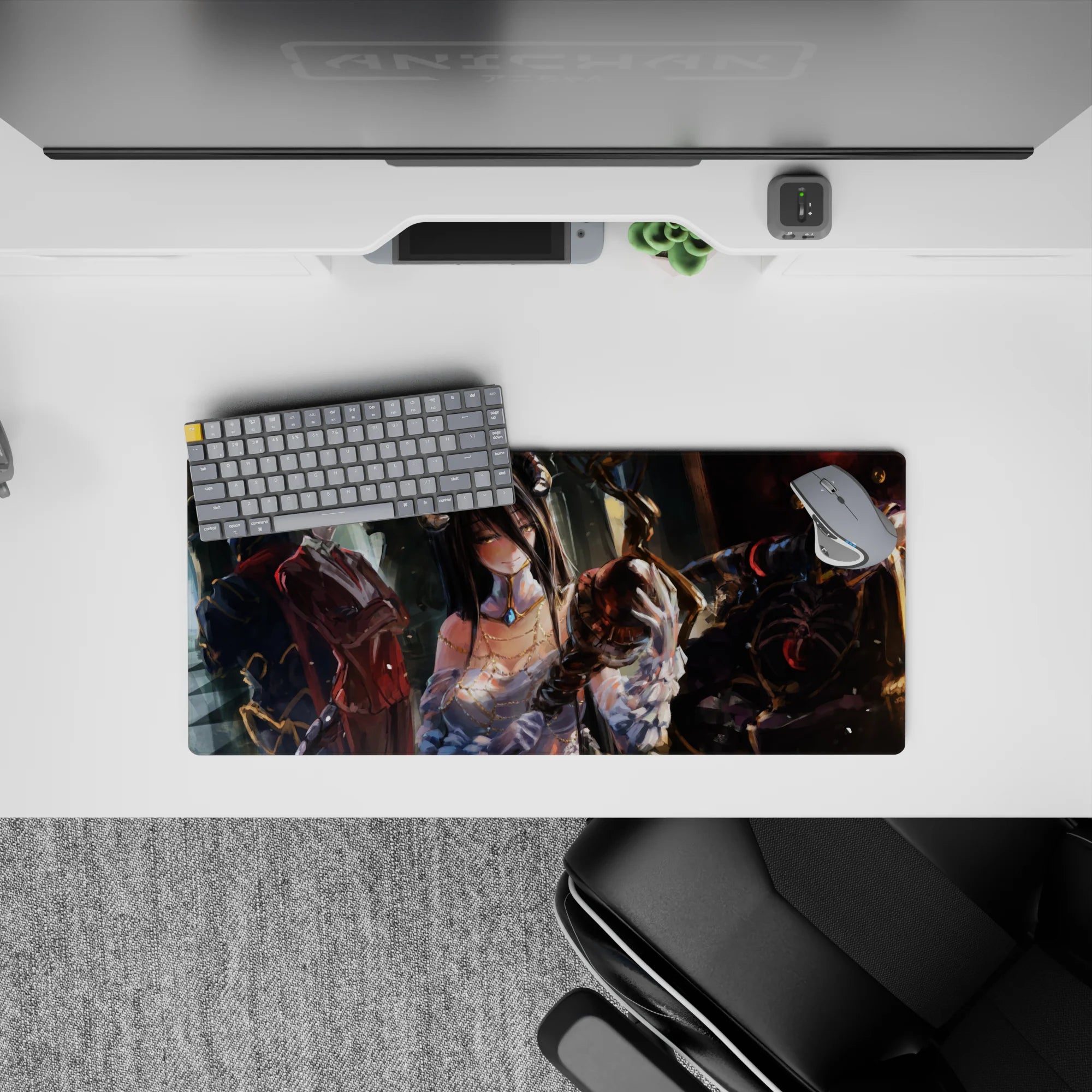 Anime mouse pad 28x12 inches featuring Albedo and Ainz Ooal Gown in Nazarick with a dreamy, painterly vibe.