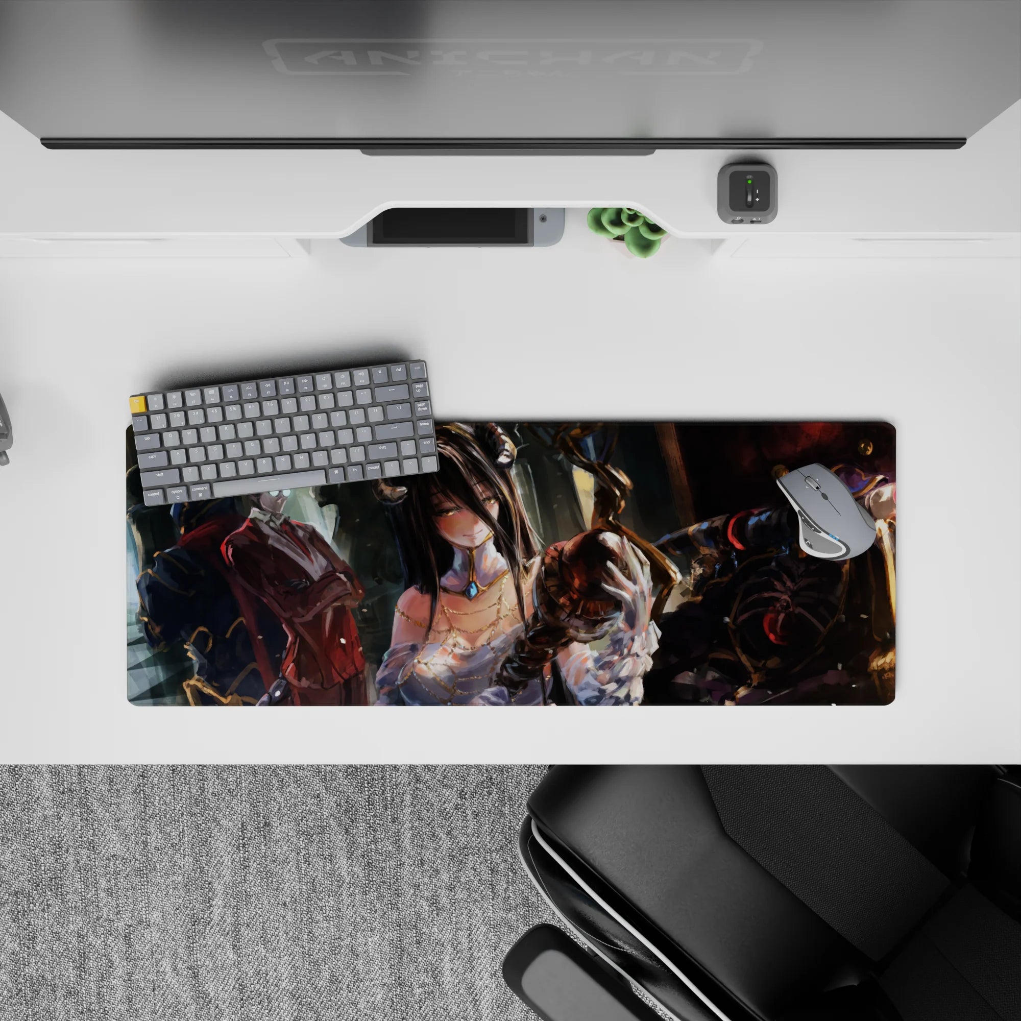 Anime mouse pad 32x12 inches featuring Albedo in white and gold, Ainz Ooal Gown, and guardians from Overlord anime.