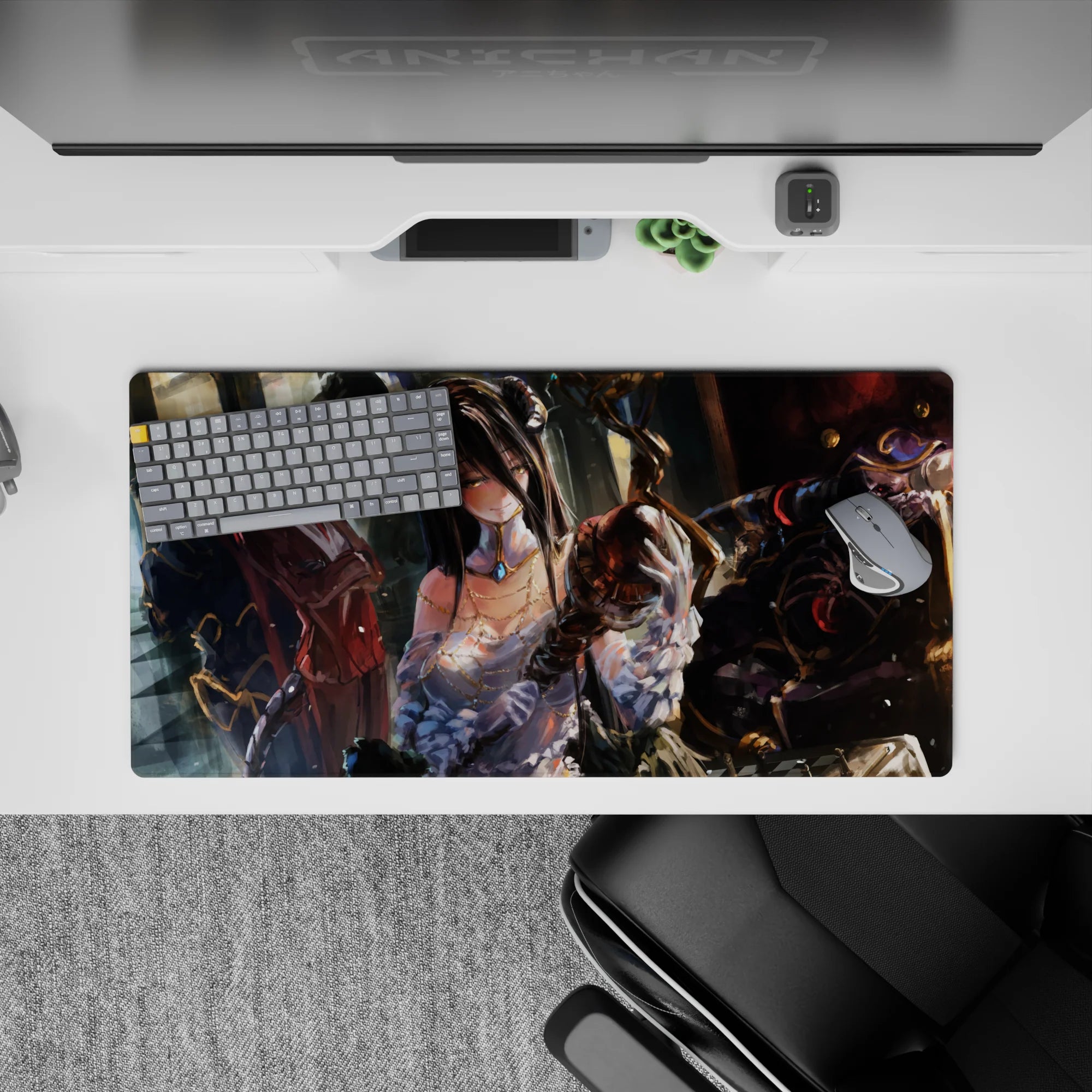 Anime mouse pad 32x16 inches featuring Albedo and Ainz Ooal Gown from Overlord, with a dreamy, regal throne room scene.