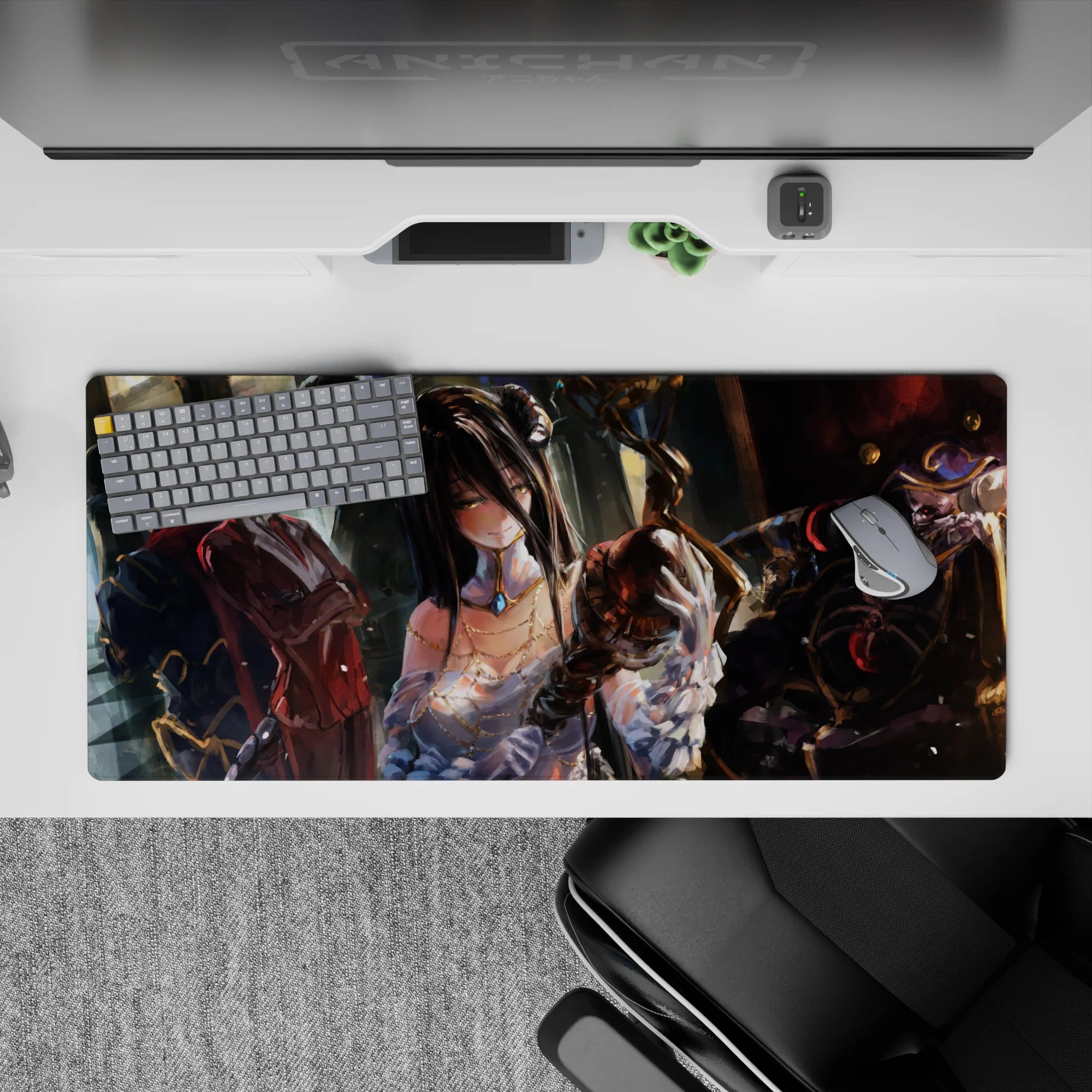 Anime mouse pad 36x16 inches featuring Albedo and Ainz Ooal Gown from Overlord, with a dreamy brush-stroke design.