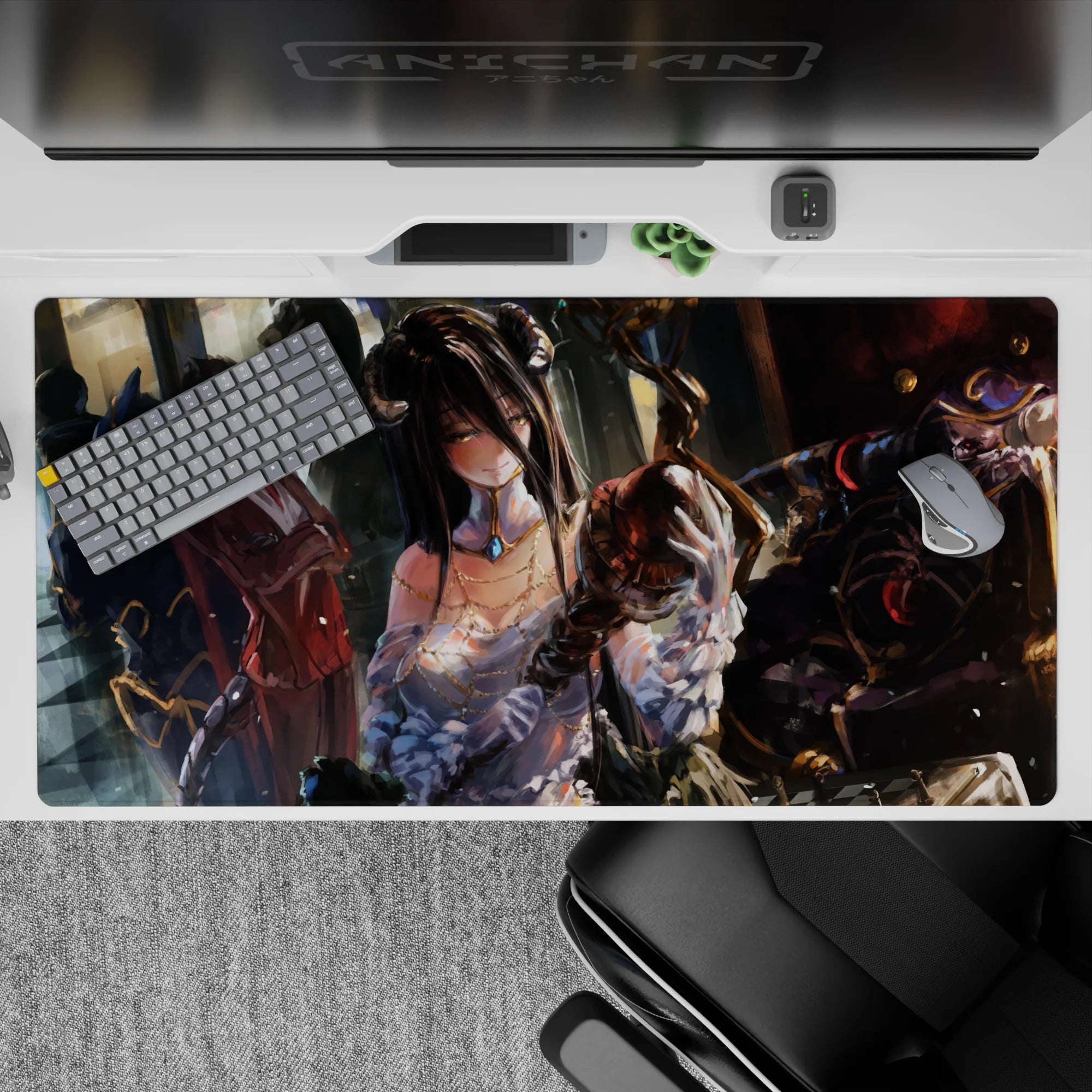 Anime desk pad 40x20 inches featuring Albedo and Ainz Ooal Gown from Overlord, with a dreamy, painterly vibe.