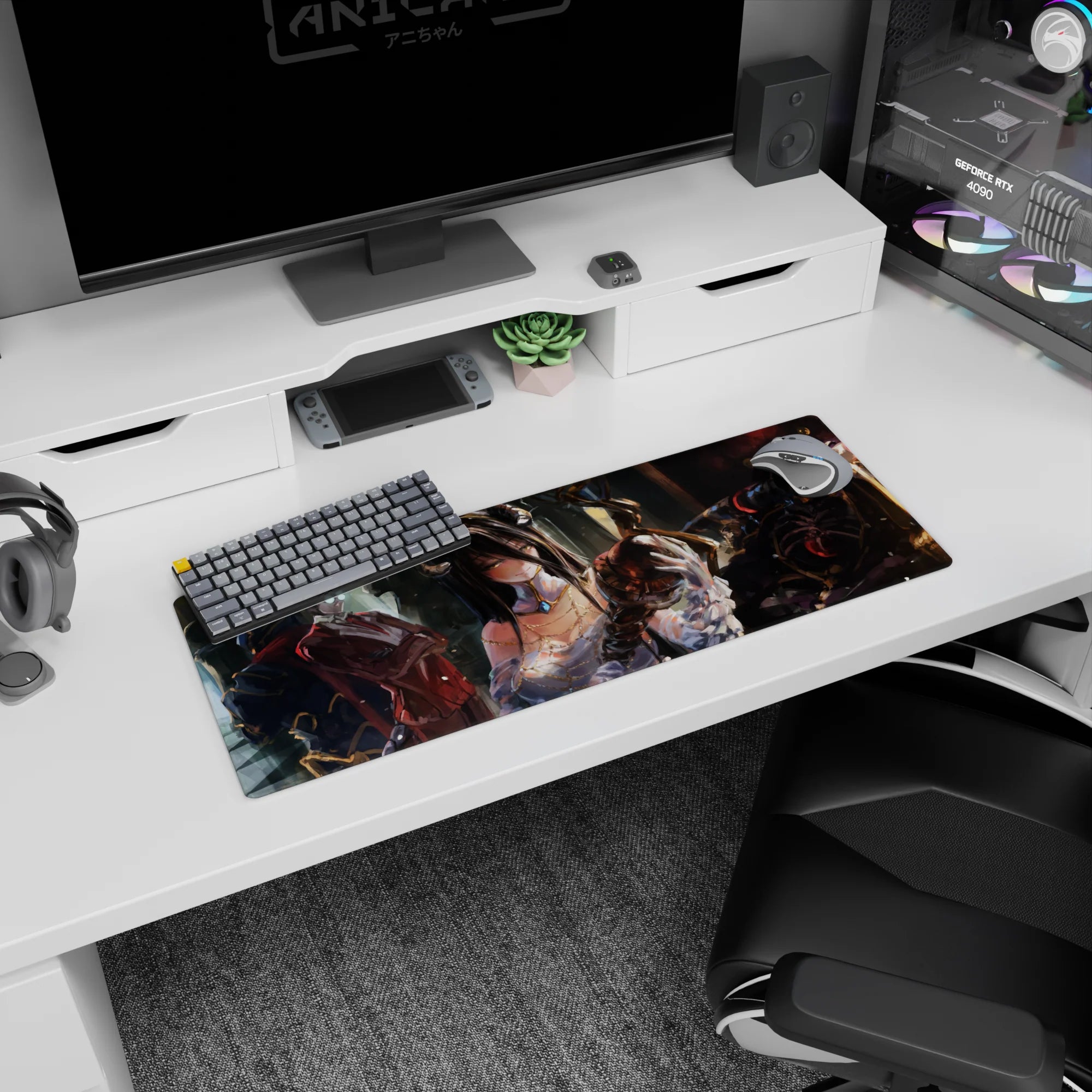 Anime mouse pad 32x12 inches featuring Albedo and Ainz Ooal Gown from Overlord, with a dreamy, painterly effect.