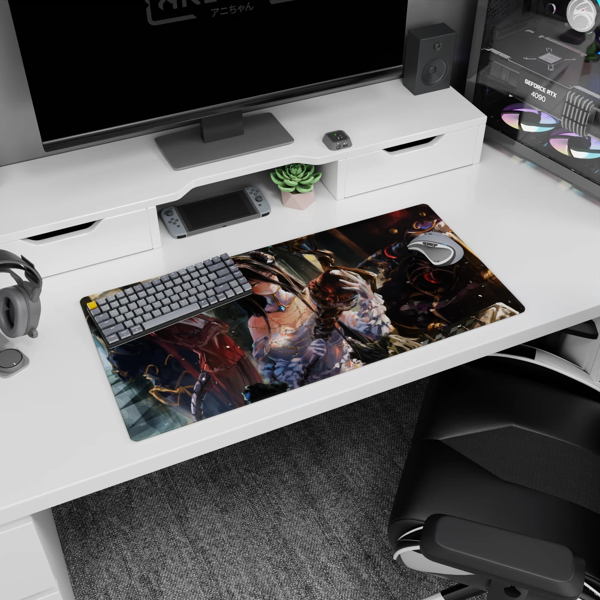 Anime mouse pad 32x16 inches featuring Albedo and Ainz Ooal Gown from Overlord in a regal throne room setting.
