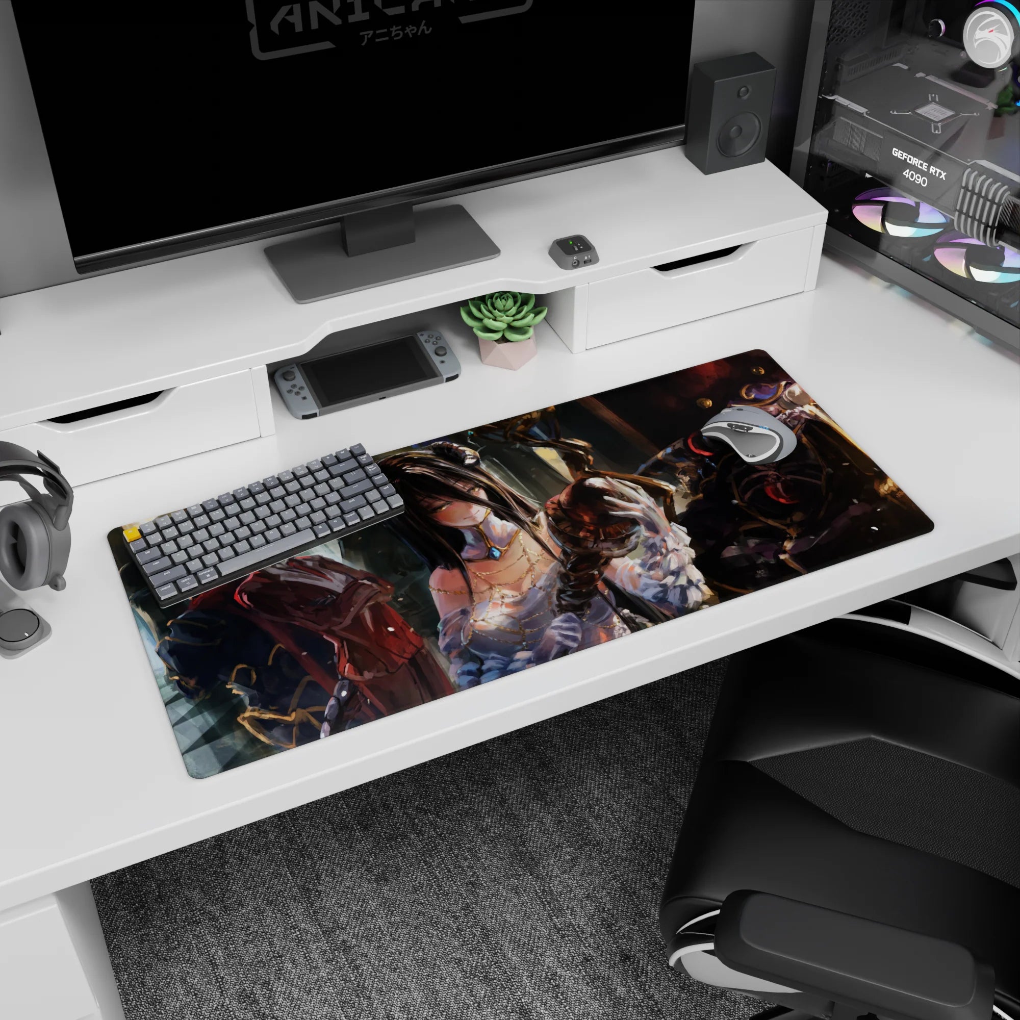 Anime desk pad 36x16 inches featuring Albedo and Ainz Ooal Gown from Nazarick, with a painterly, elegant, and menacing design.