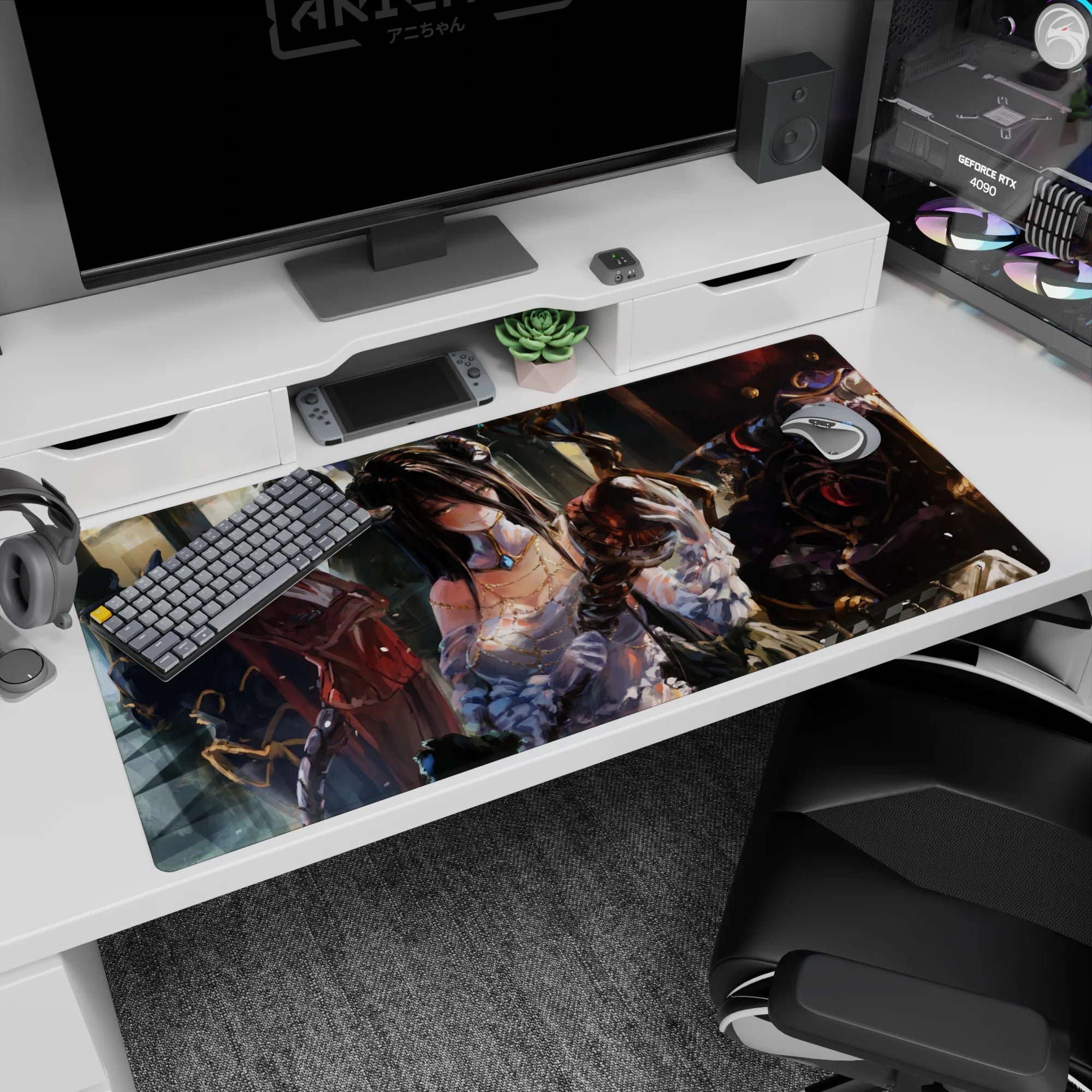 Anime desk pad 40x20 inches featuring Albedo and Ainz Ooal Gown from Overlord, with a dreamy, regal throne room setting.