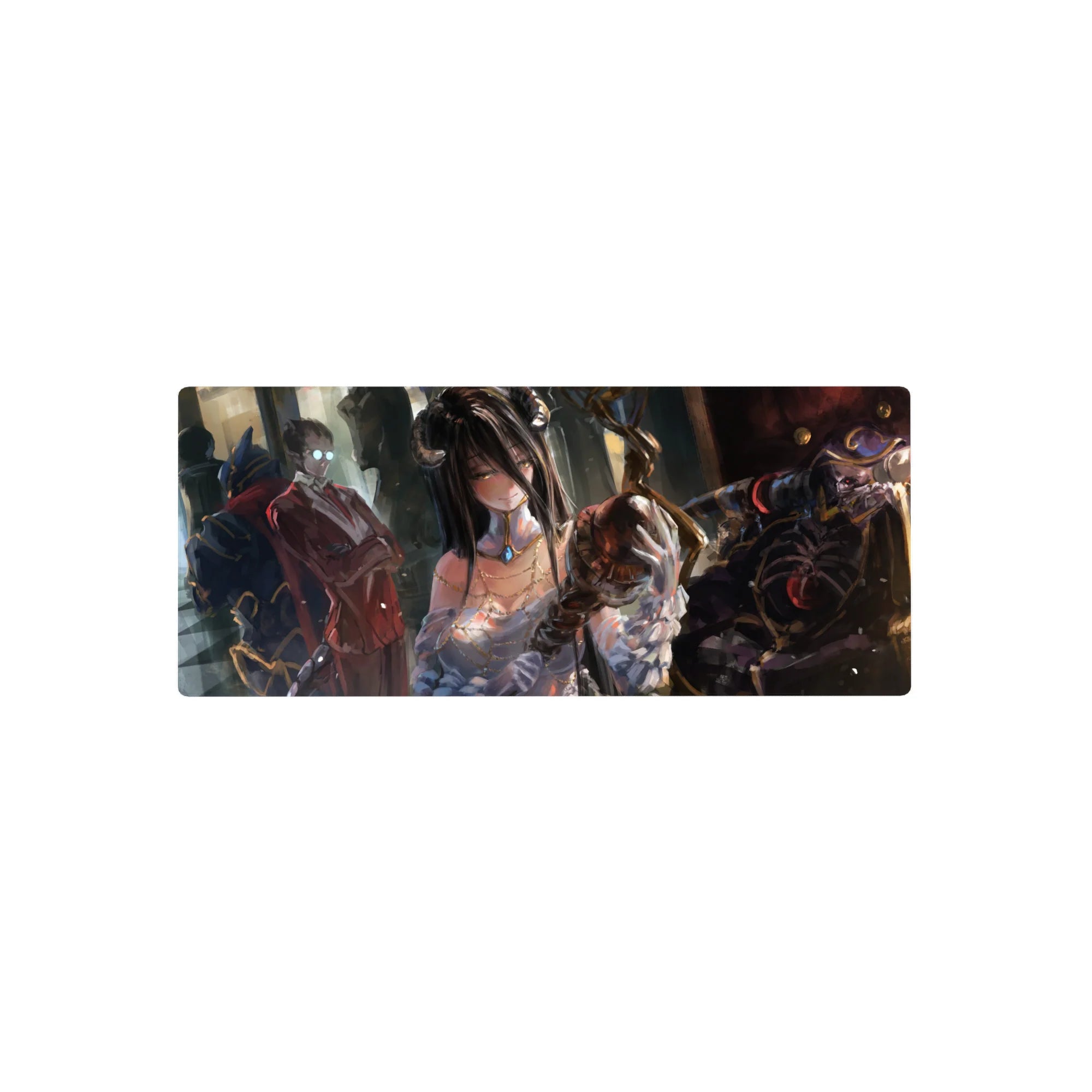 Anime mouse pad 28x12 inches featuring Albedo and Ainz Ooal Gown from Overlord, with a dreamy, painterly effect.